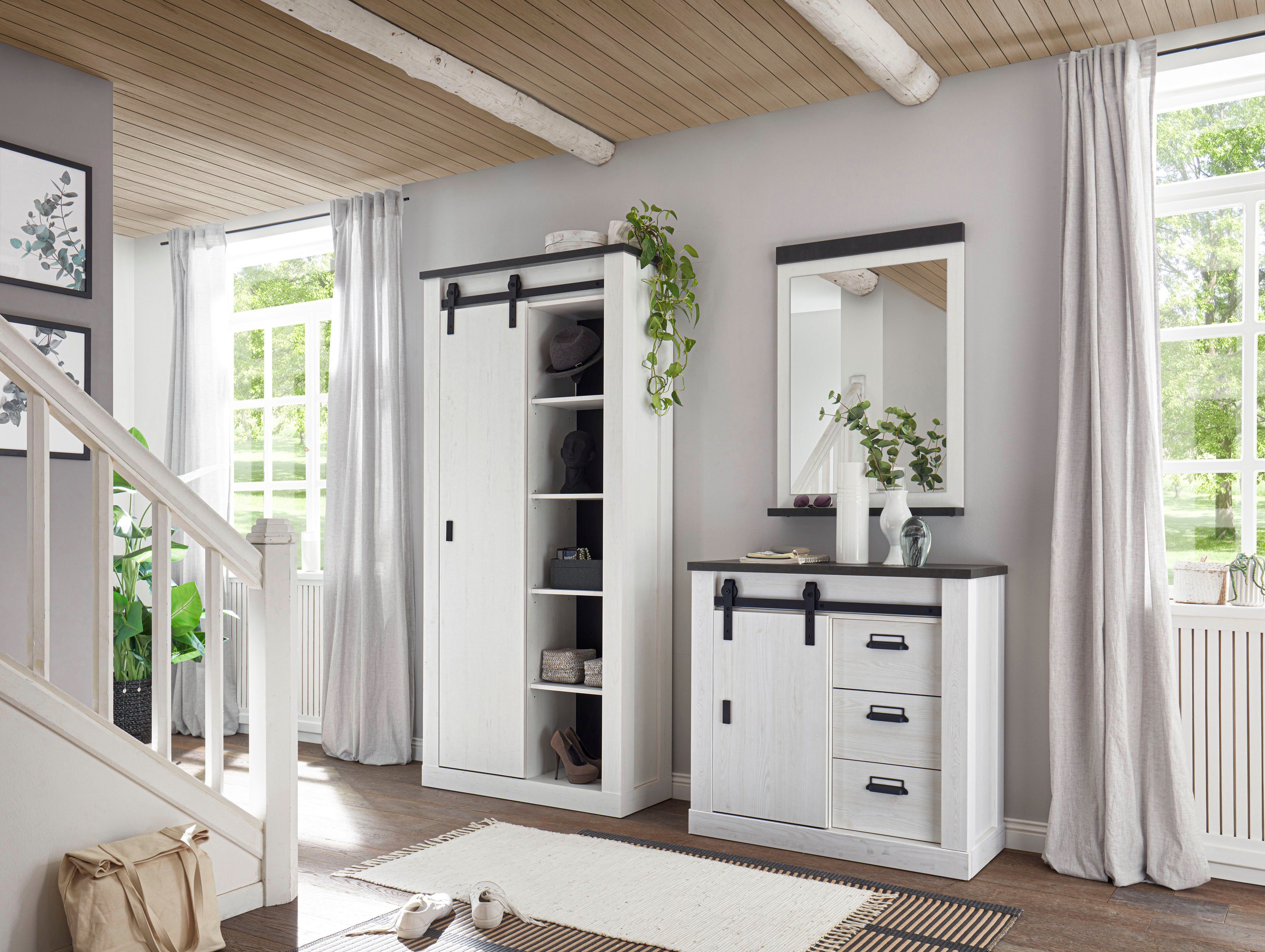 Home affaire Halmeubelset Sherwood met schuurdeurbeslag, apothekersgrepen van metaal (3-delig)