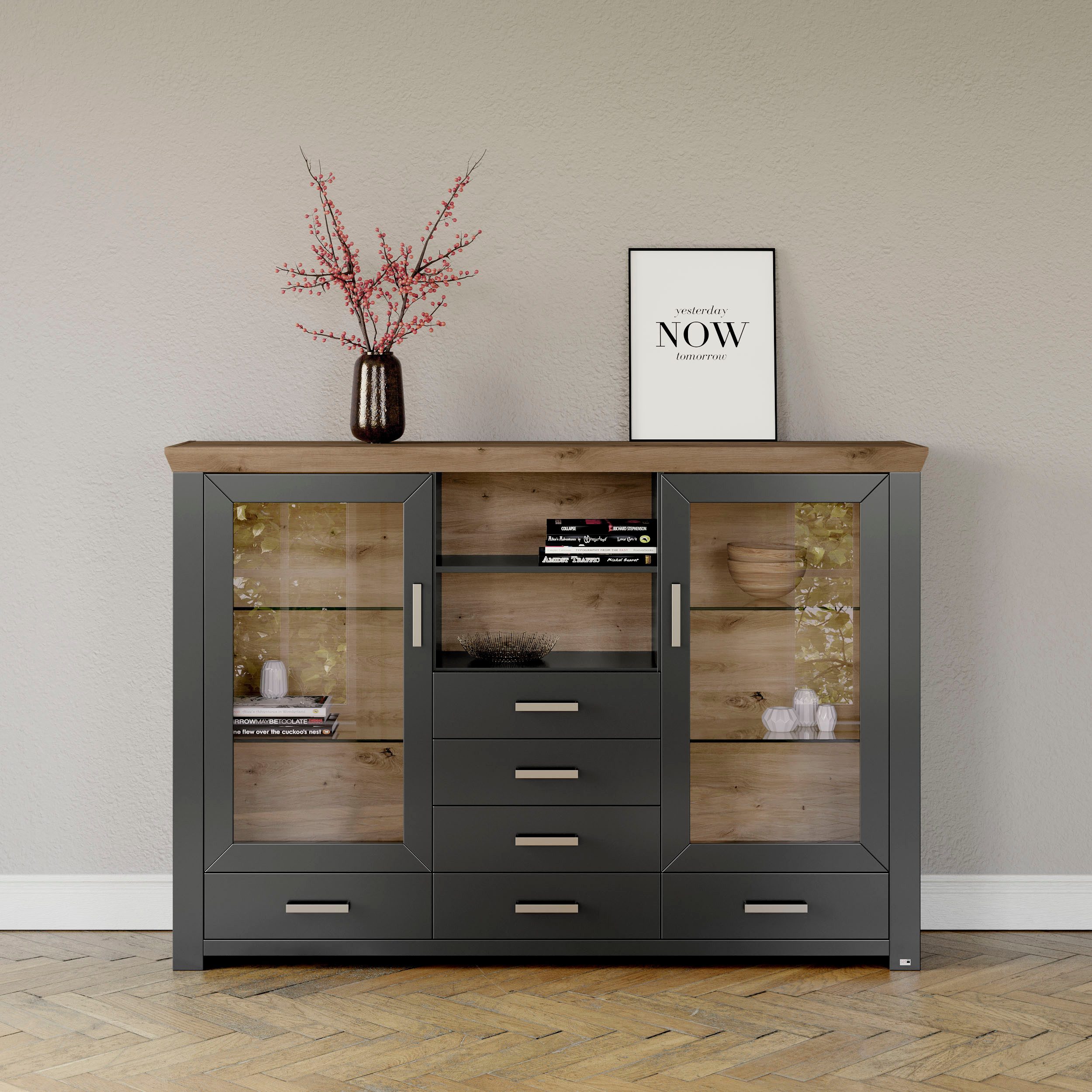 set one by Musterring Highboard York Type 56, met Glazendeuren, verlichting optioneel, B 184 cm highboards grijs