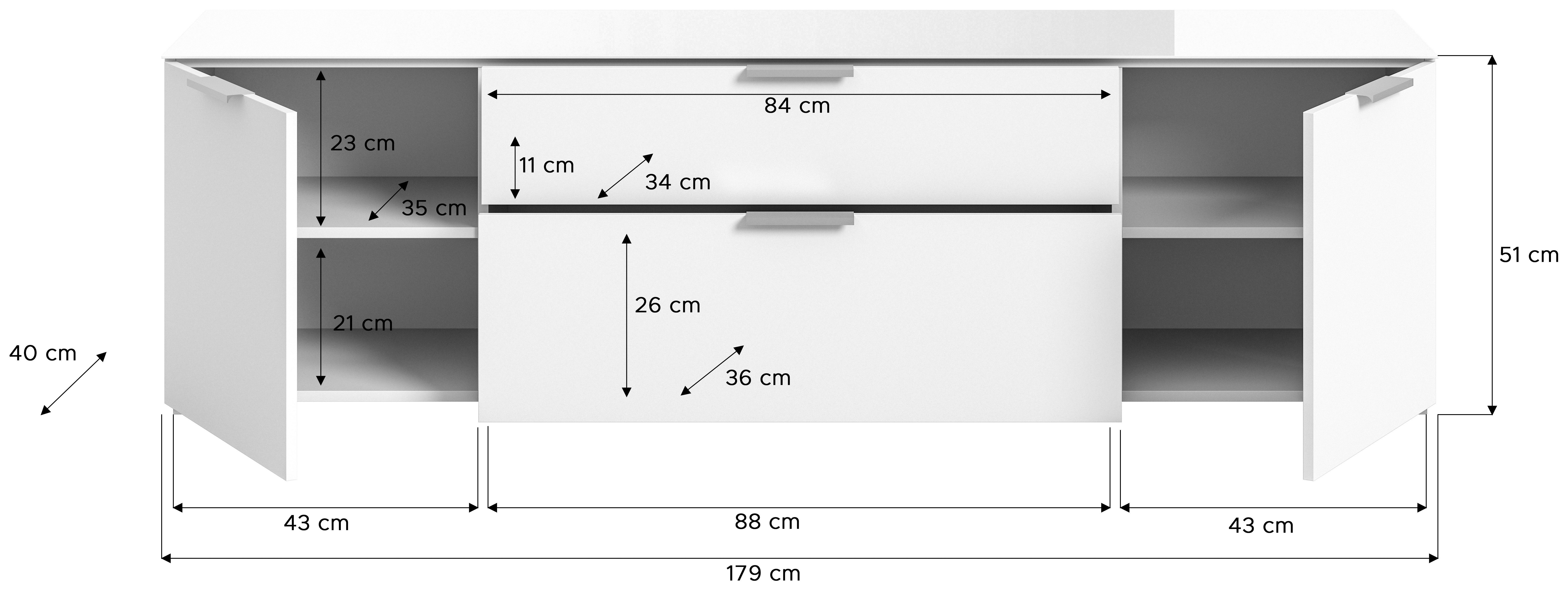 INOSIGN Tv-meubel Raio, Breedte 179 cm, 2 deuren, 2 lades, Bovenblad met glasplaat