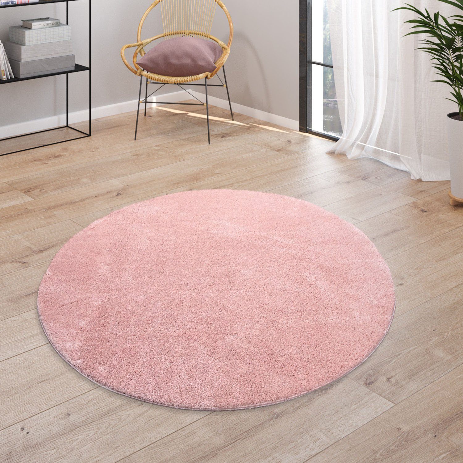 Paco Home Vloerkleed Cadiz 630 Korte pool, unikleuren, bijzonder zacht, wasbaar, woonkamer moderne vloerkleden maat Ø 200 cm x 14 mm roze