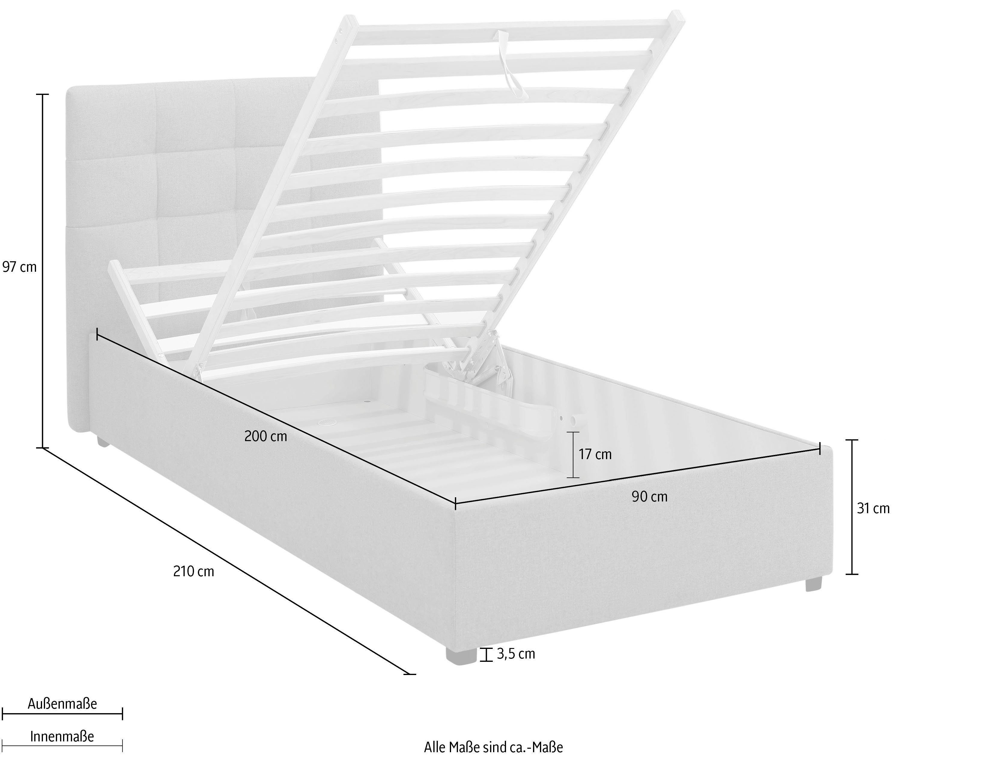 Lüttenhütt Gestoffeerd bed Endres met bedkist, naar keuze zonder matras/lattenbodem of incl. matras