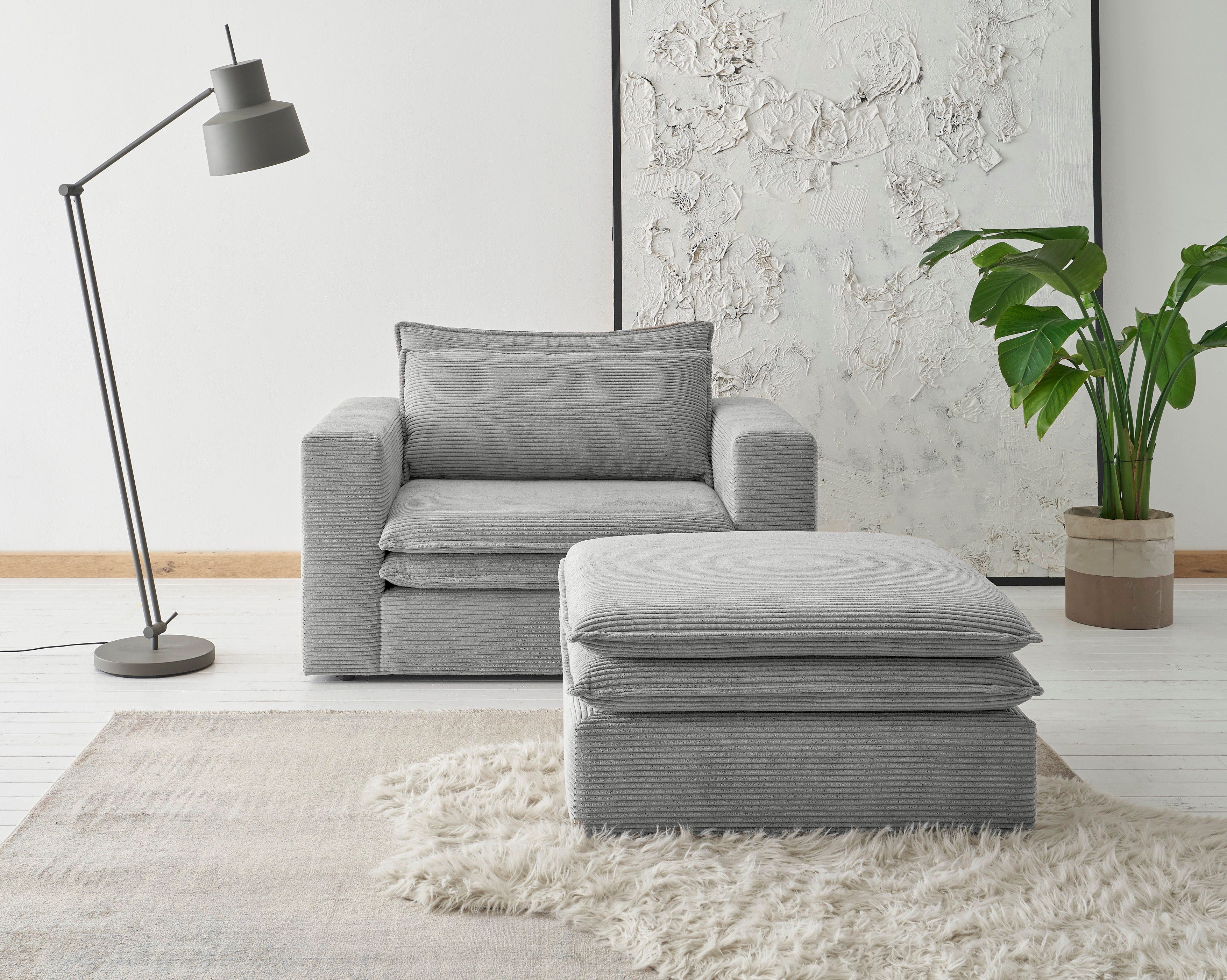 Places of Style Zithoek PIAGGE Hoogwaardige cord, loveseat en loveseat-hocker als set (2-delig) grijs, zithoeken