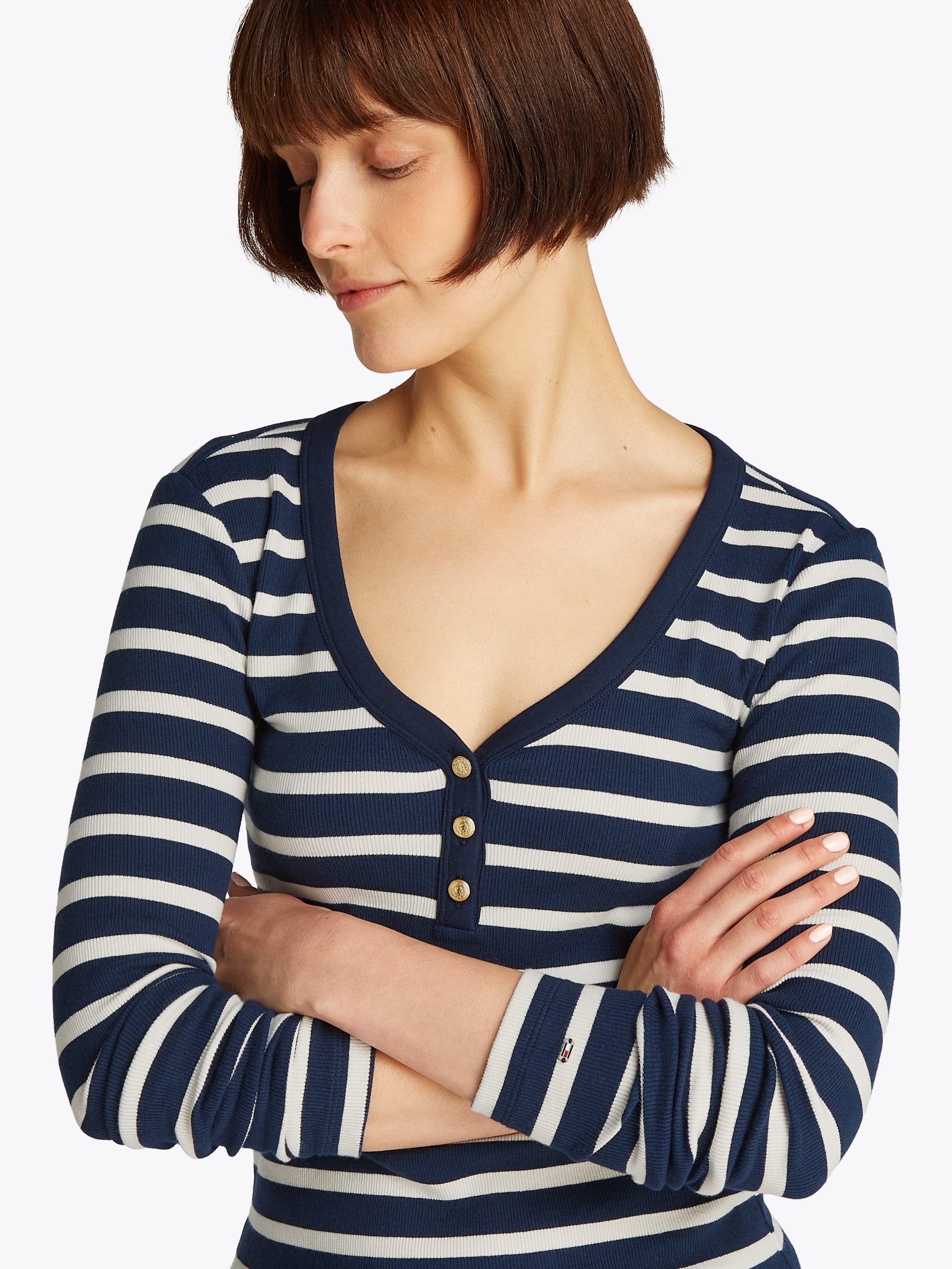 Tommy Hilfiger Shirt met lange mouwen SLIM HENLEY GB SCOOP-NK LS met ribstructuur, met metalen label