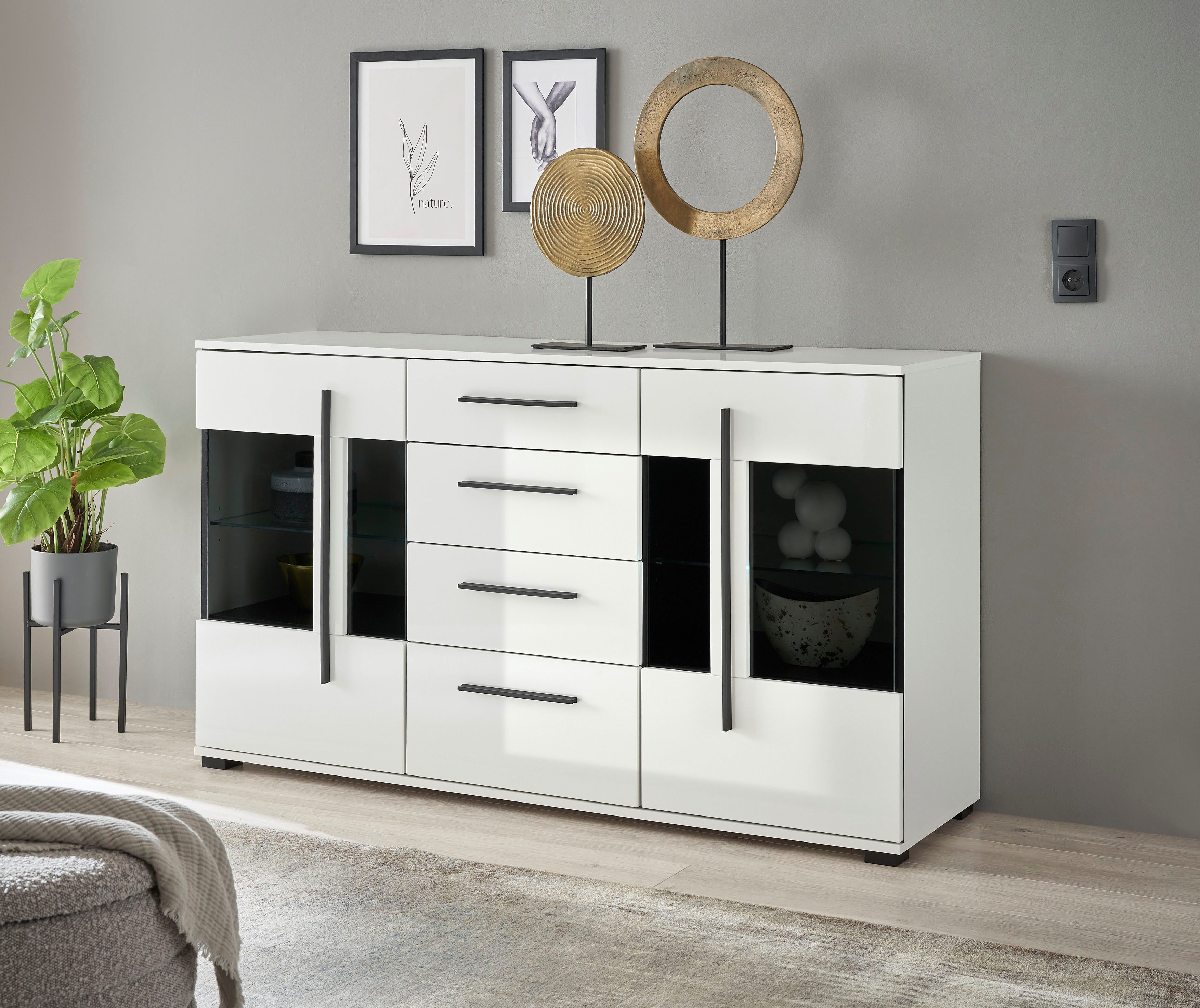INOSIGN Dressoir Cantara, moderne kast, commode in Eiken Evoke of wit zwarte stanggreep, voldoende opbergruimte, veelzijdig inzetbaar