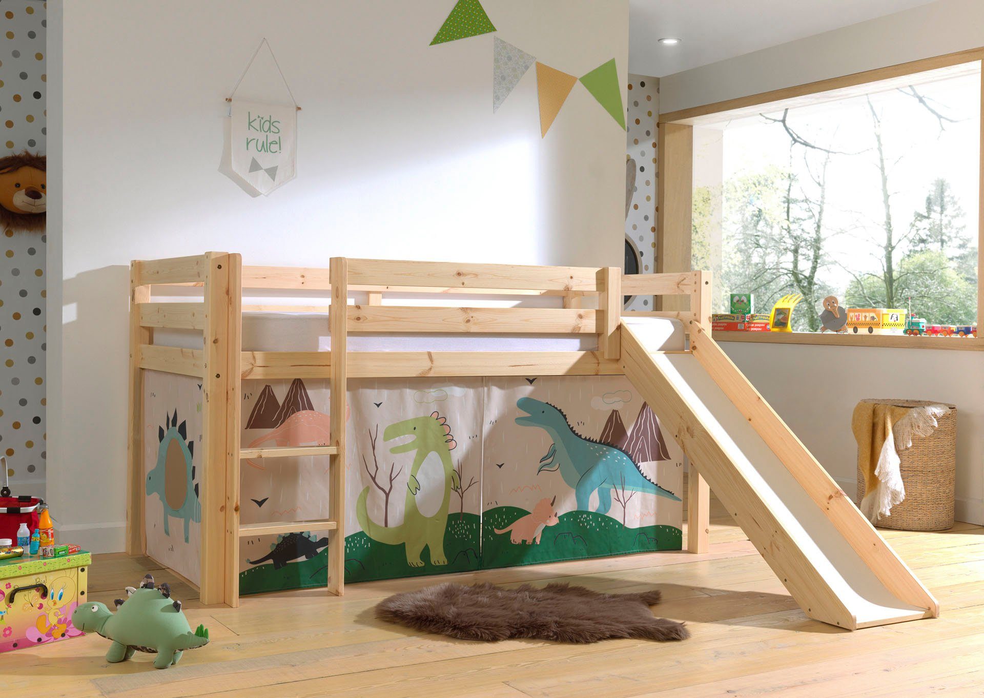 Vipack Speelbed Vipack Pino Hoogslaper met textielset, inclusief lattenrol, ladder en glijbaan