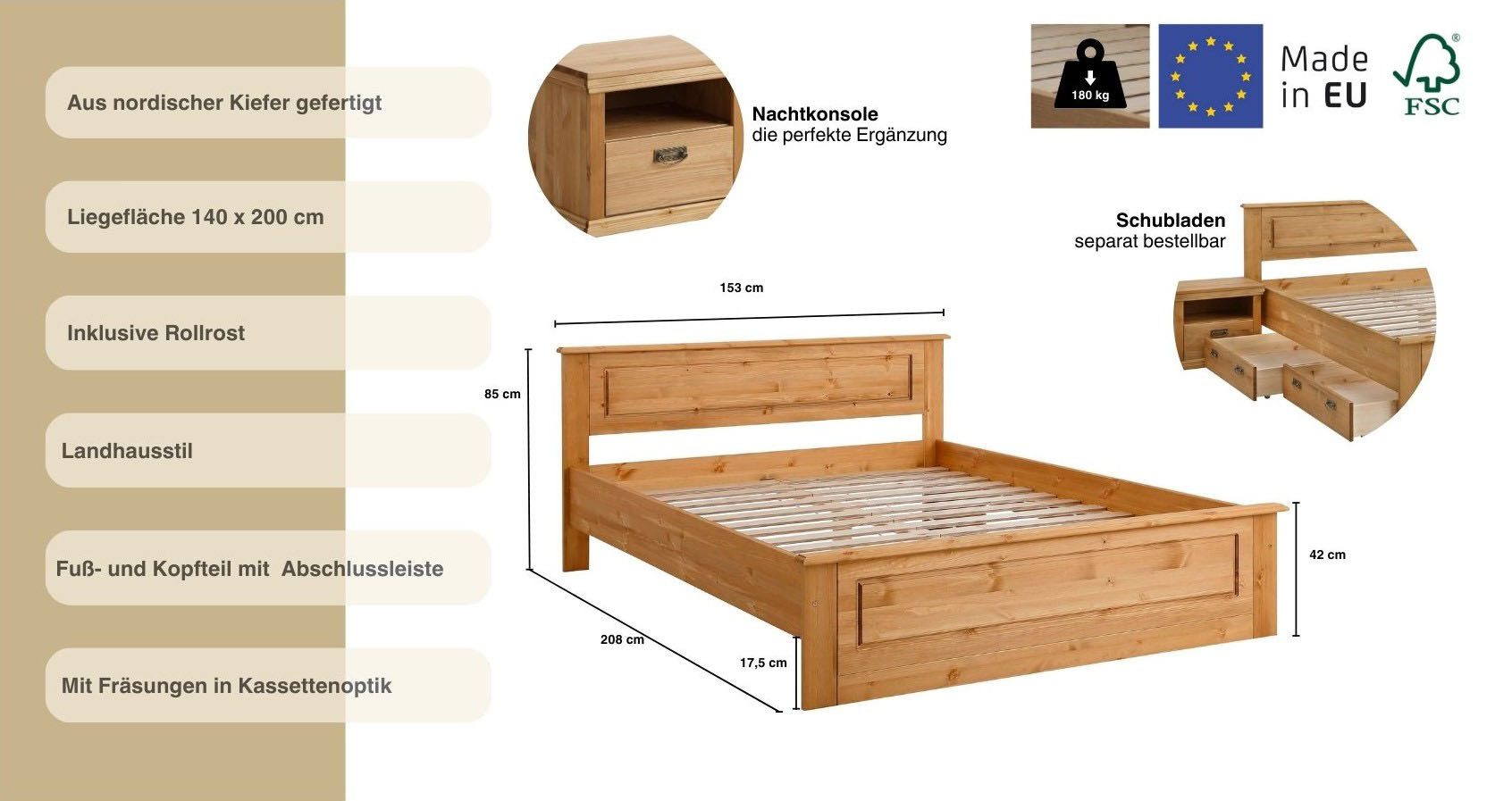 Home affaire Massief houten ledikant Madrid, landelijke stijl, hoge belasting! van fsc®-gecertificeerd grenen, inclusief lattenbodem, cassette-look