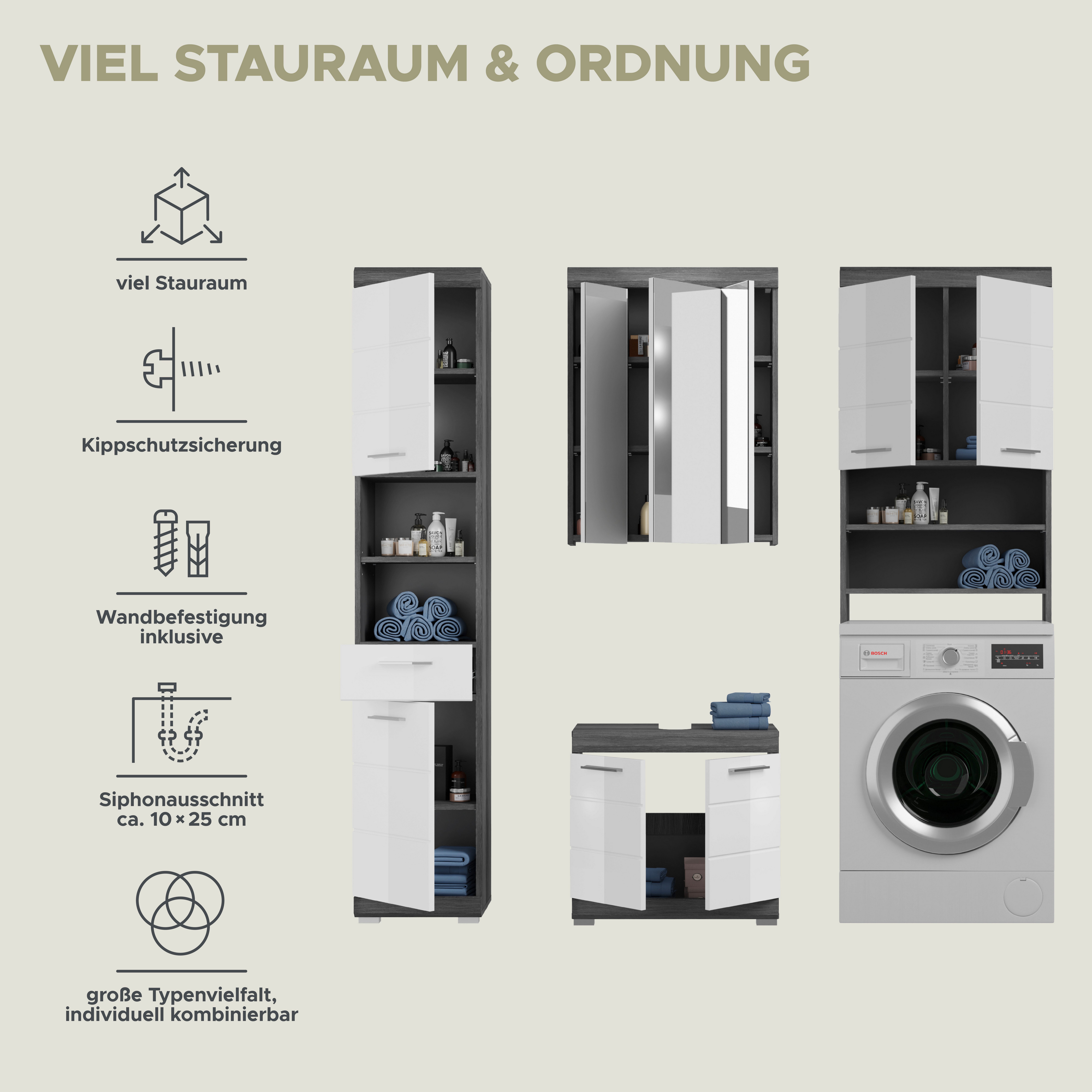 INOSIGN Badkamerserie Siena, 4-delig, bestaande uit: Hoge kast, WBU, spiegelkast, wasmachine ombouwkast (set, 4-delig)
