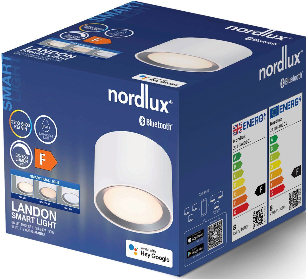 Nordlux Led-plafondlamp Landon Smart Dimbaar met Nordlux Smart (binnen- en buitenring), IP44-bescherming (1 stuk)