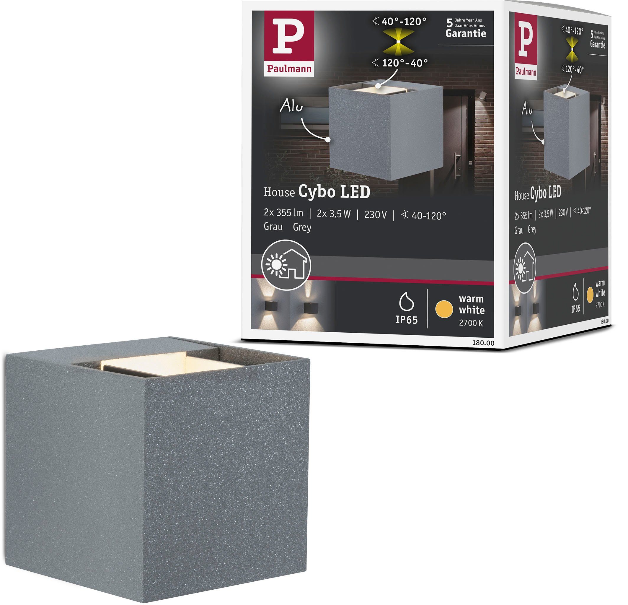 Paulmann Led-wandlamp voor buiten Buiten 230V Cybo LED 2x3,5W 230V IP65 vierkant 80x80mm Grijs Aluminium (1 stuk)
