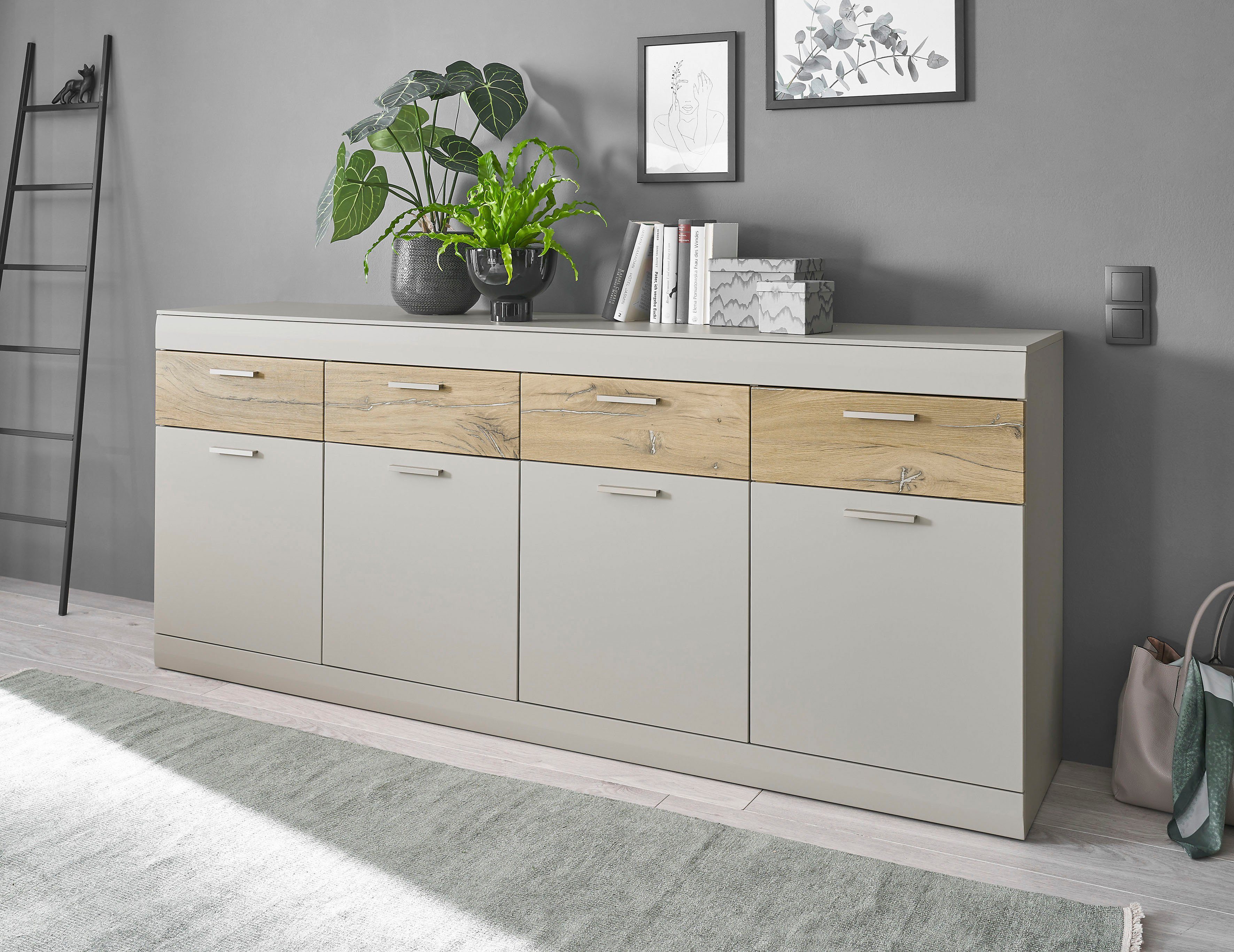 INOSIGN Dressoir SCARA met applicatie tineiken decor, breedte 200 cm, met soft-closefunctie dressoirs grijs