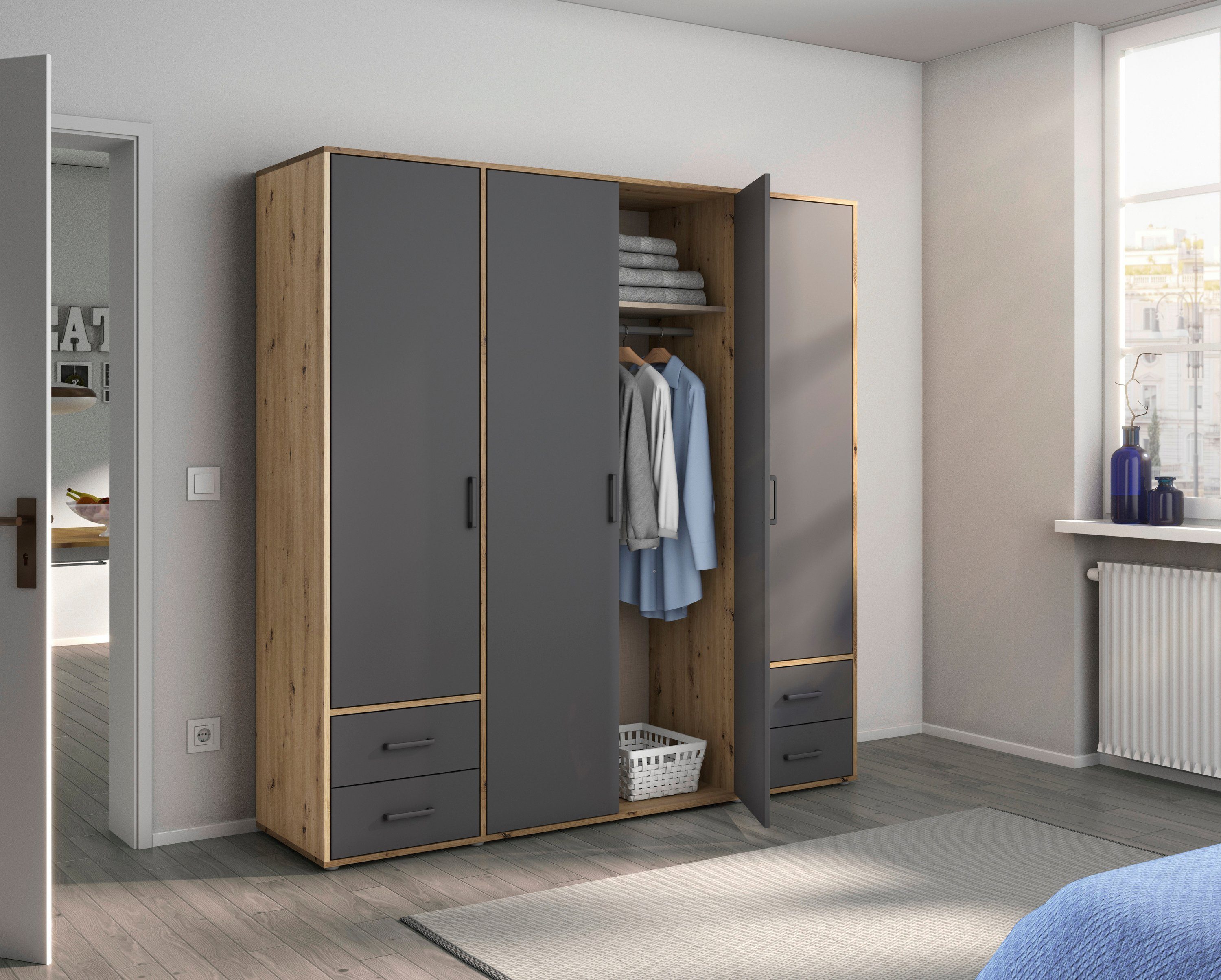 rauch Draaideurkast Kledingkast kast garderobe linnenkast VOYAGER moderne grepen in grijs metallic met buitenlades made in germany
