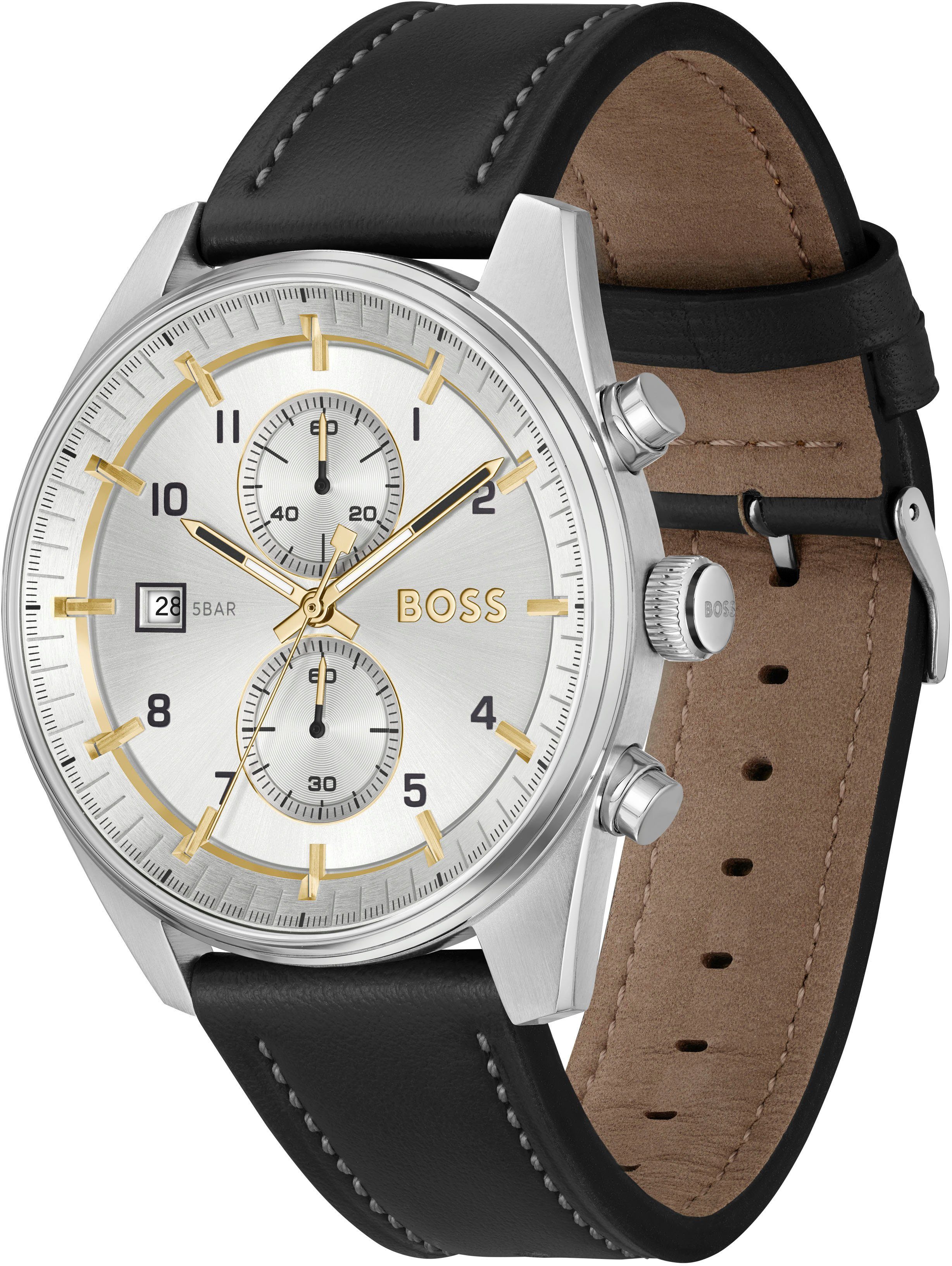 Boss Chronograaf SKYTRAVELLER Quartzhorloge, horloge, herrenuur, leren band, analoog, dag