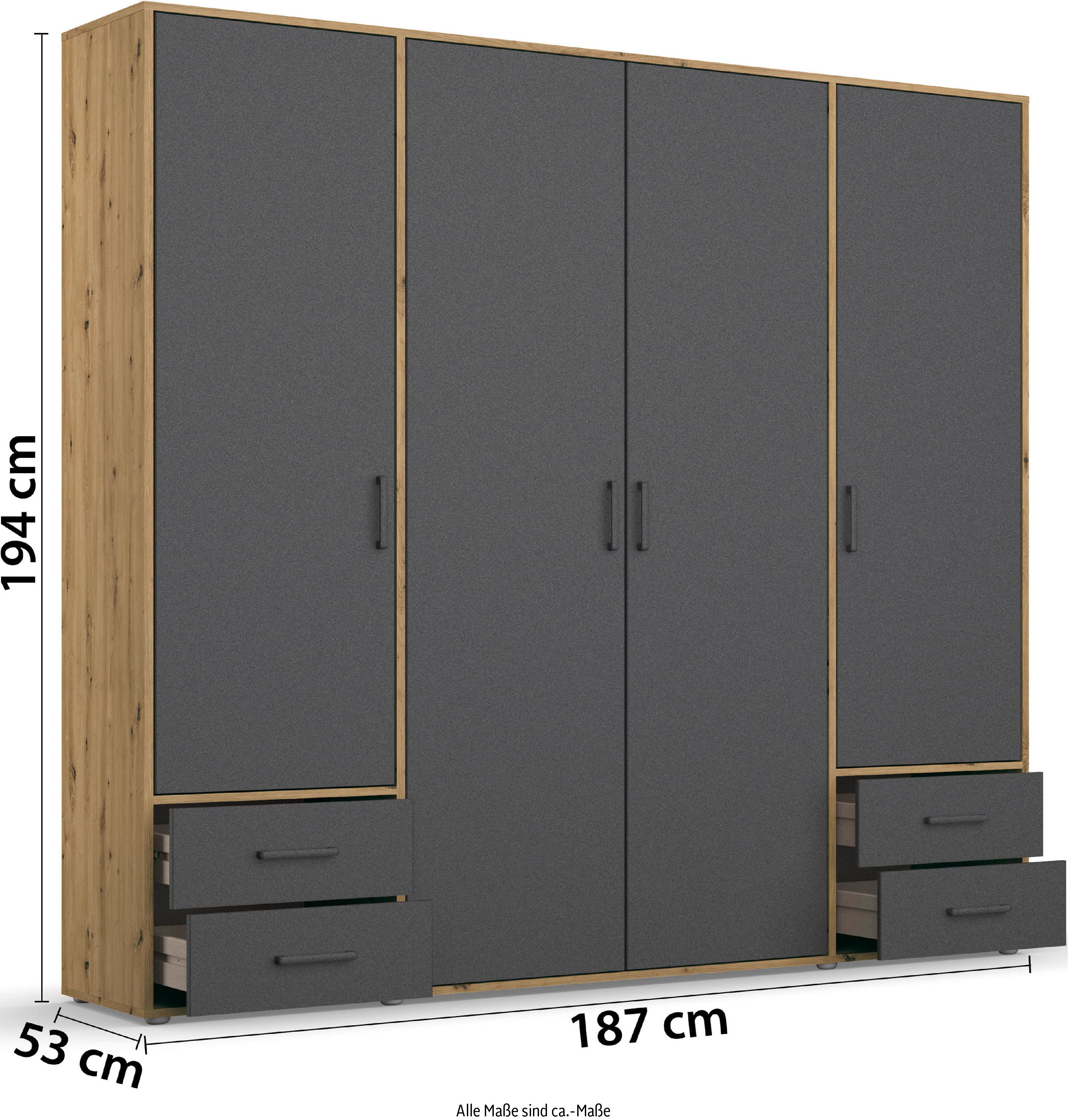 rauch Draaideurkast Kledingkast kast garderobe linnenkast VOYAGER moderne grepen in grijs metallic met buitenlades made in germany