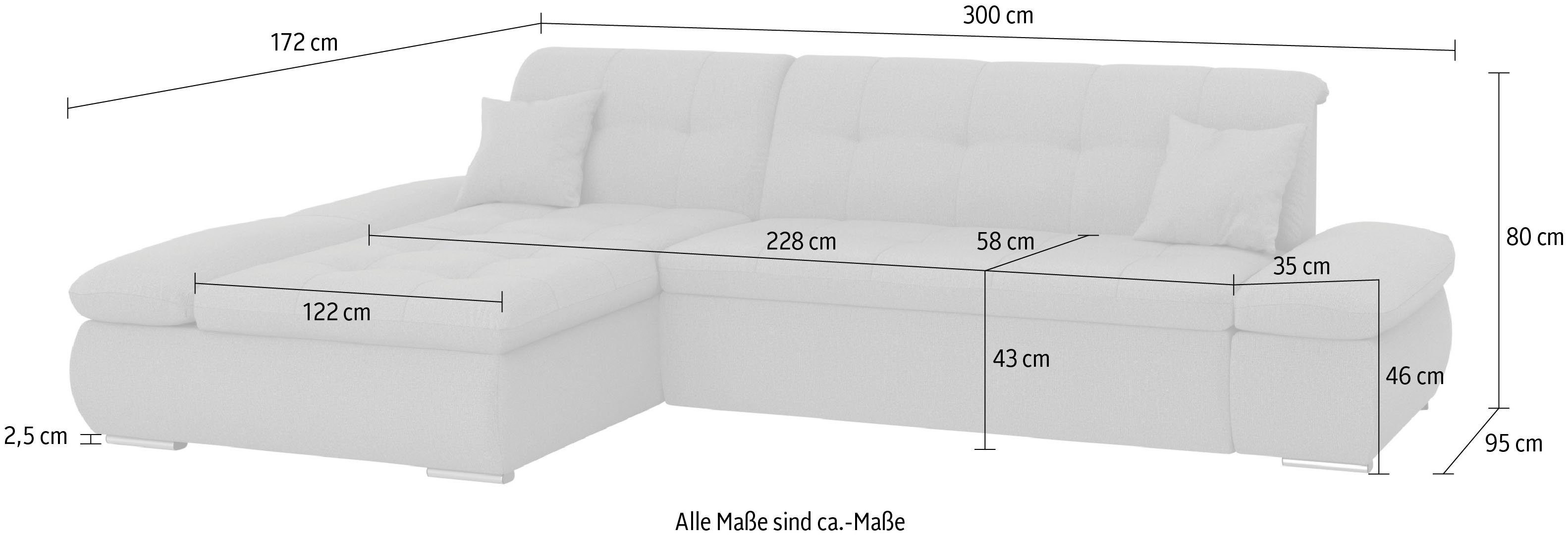 DOMO collection Hoekbank Moric bxdxh 300x172x80 cm, ook in cord, L-model XXL-formaat, optioneel ook met slaapbank functie en verstelling armleuning,