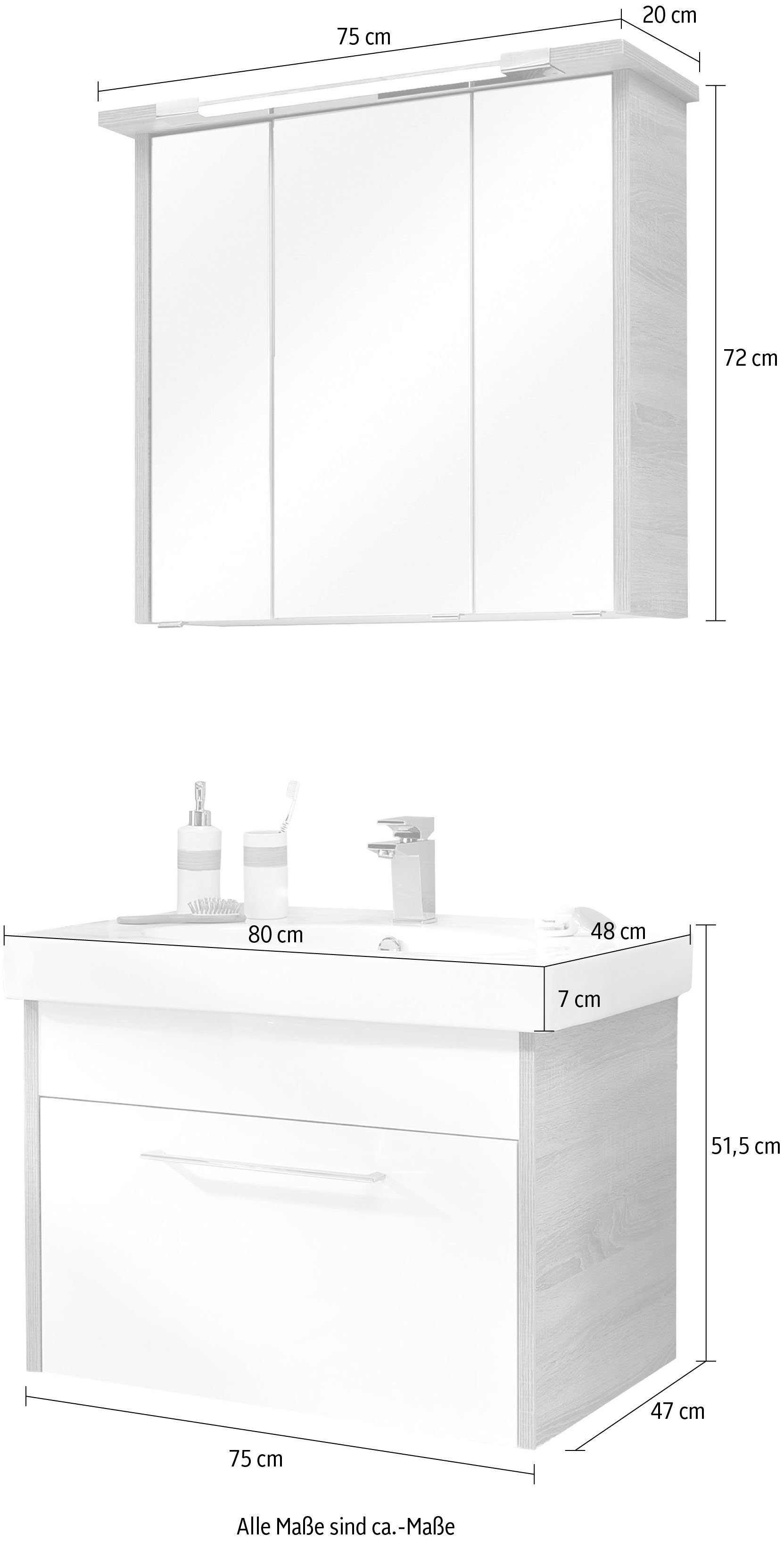 Saphir Badkamerserie Quickset 382 2-delig keramieken wastafelonderkast met led-spiegelkast (2-delig)