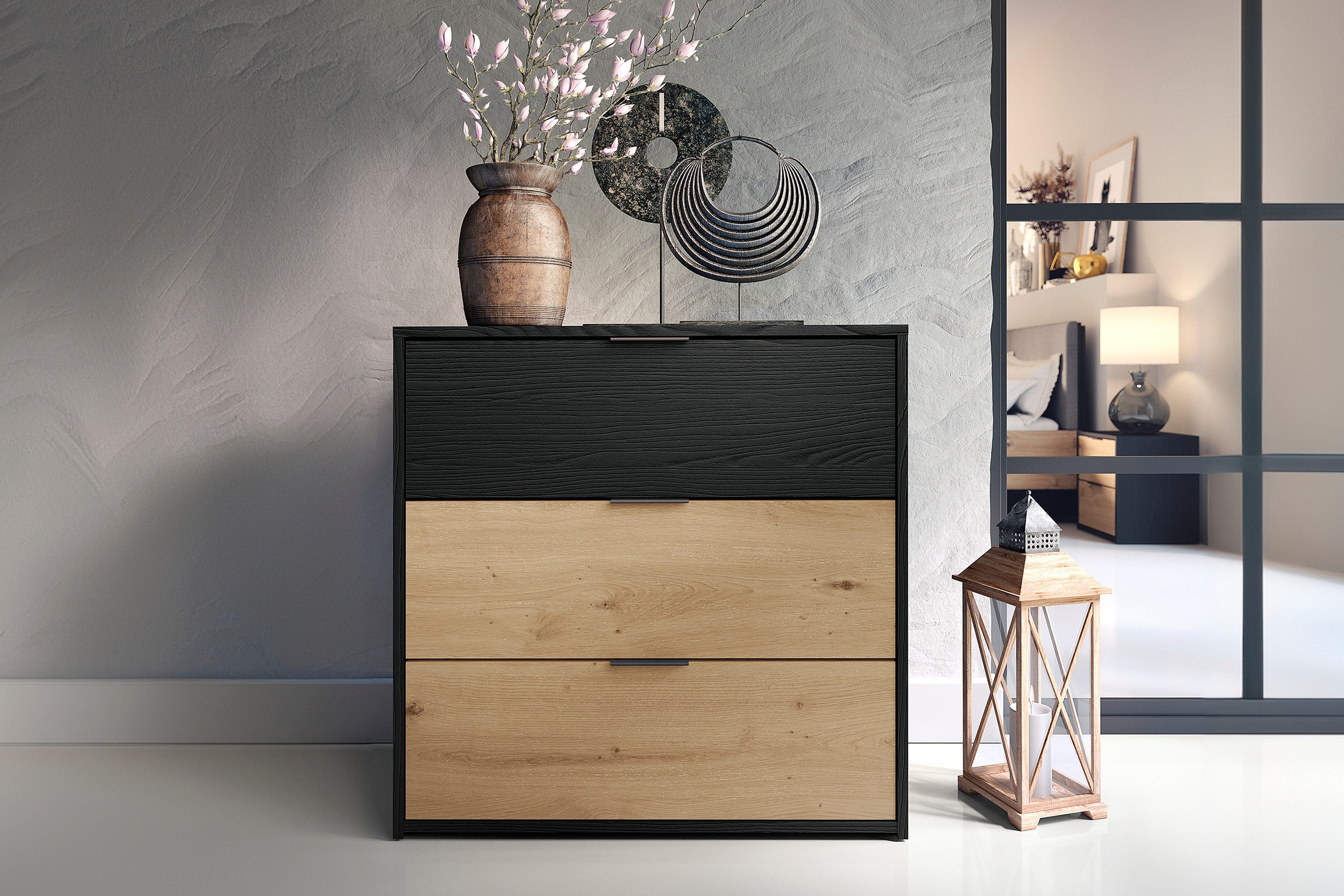 byLIVING Ladekast Rimini Melamine eiken zwart en artisan eiken, 3 lades, breedte 80 cm