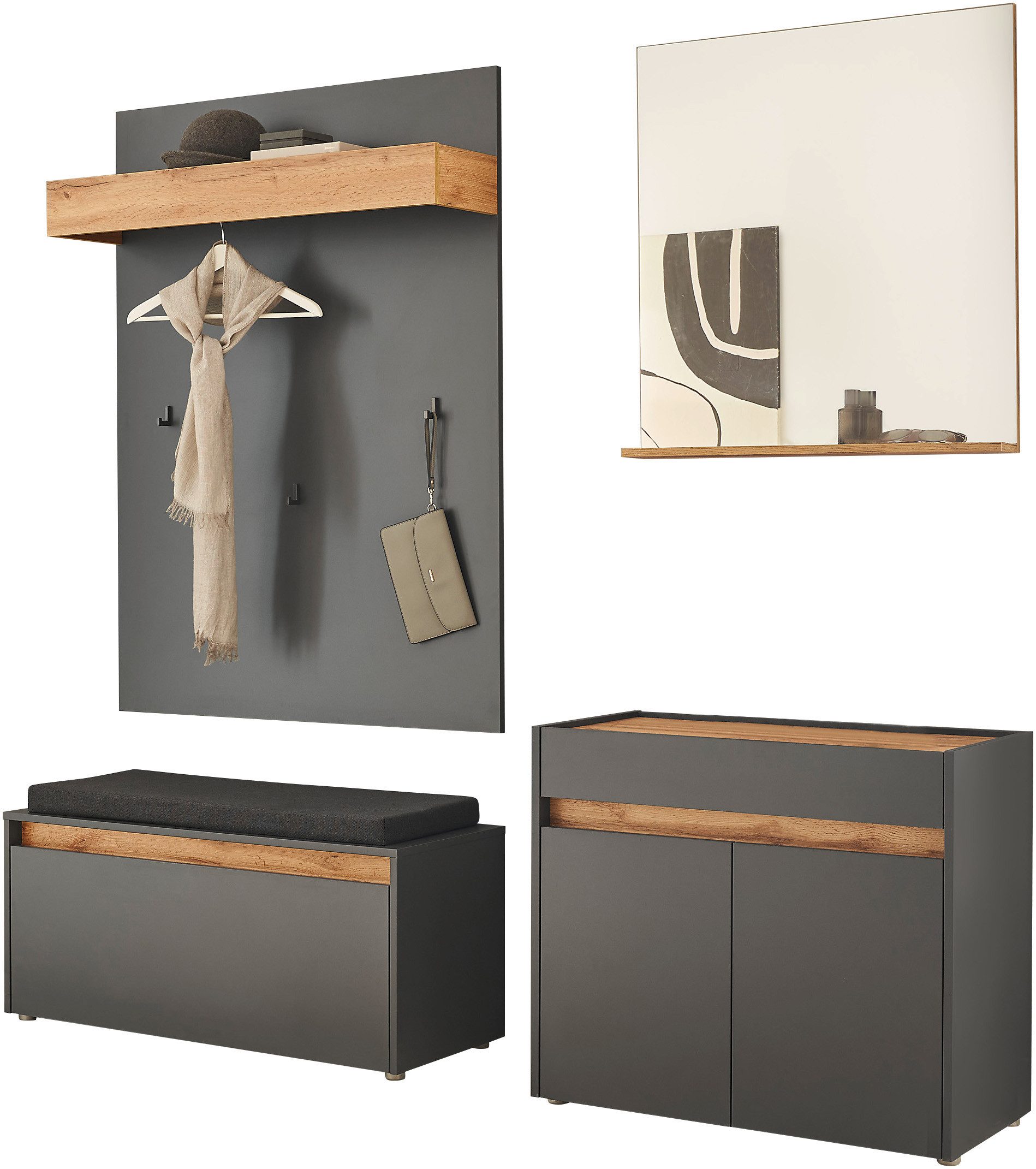 INOSIGN Halmeubelset GIRON/ CiTY, Garderobe in Wotan Eik, moderne garderobekast bevat commode, spiegel, paneel & schoenenbank + zitkussen, 190 cm