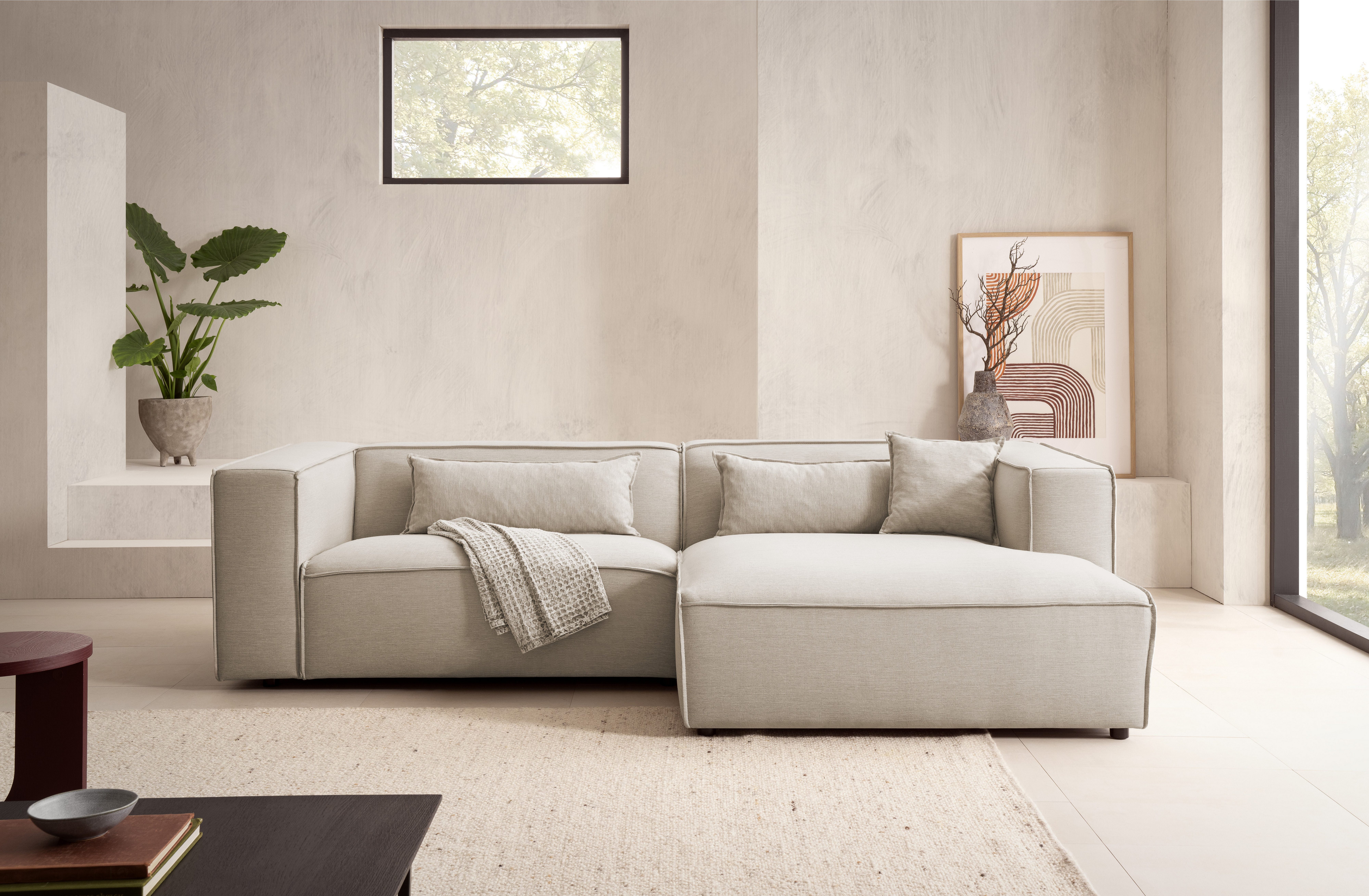 LeGer Home by Lena Gercke Hoekbank PIARA met biesnaad in cord of linnenlook, moderne bank in L-vorm keuze ottomaan rechts/links, zwarte voeten, comfortabel zitcomfort