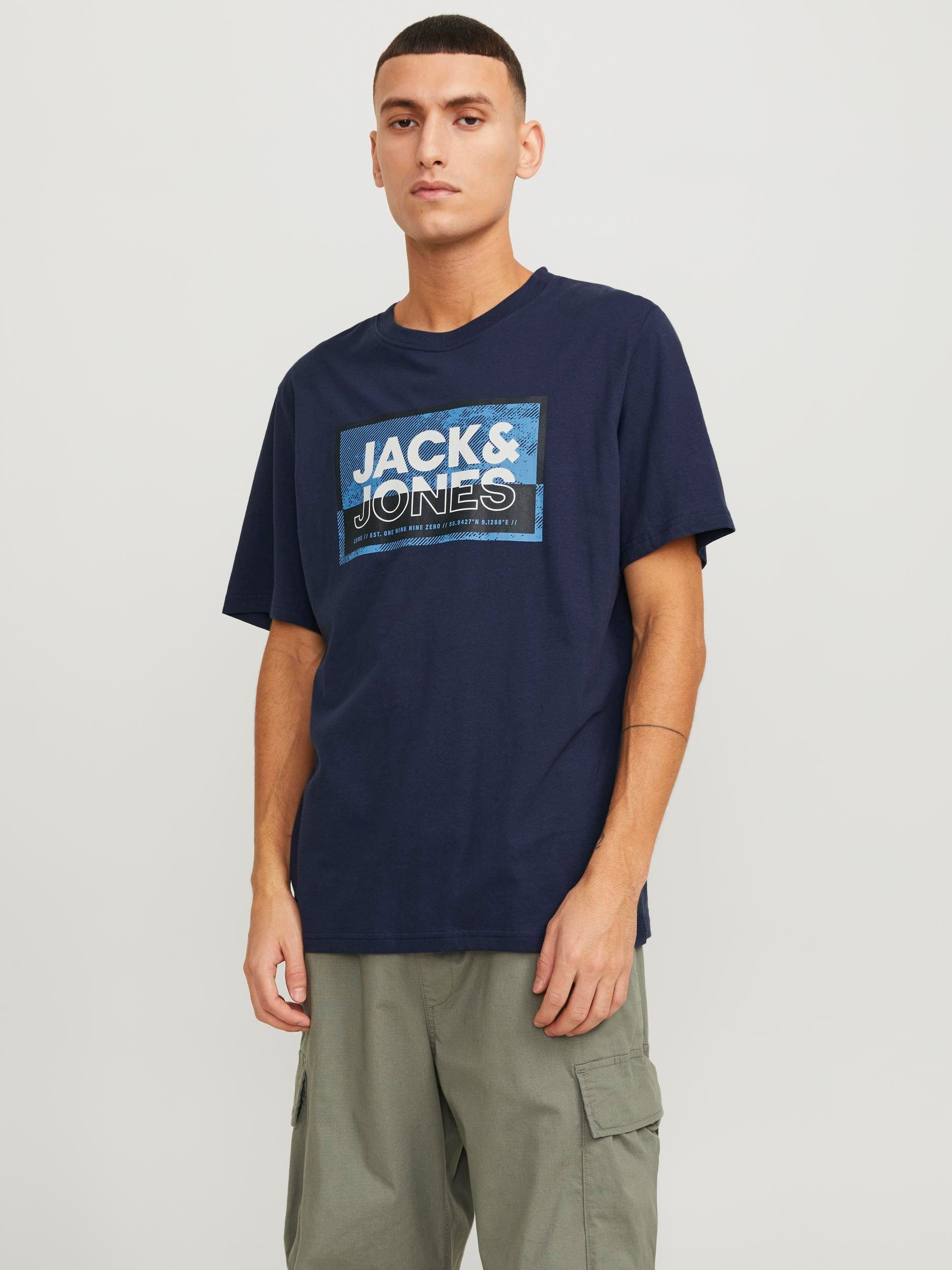 JACK & JONES CORE regular fit T-shirt JCOLOGAN met printopdruk donkerblauw