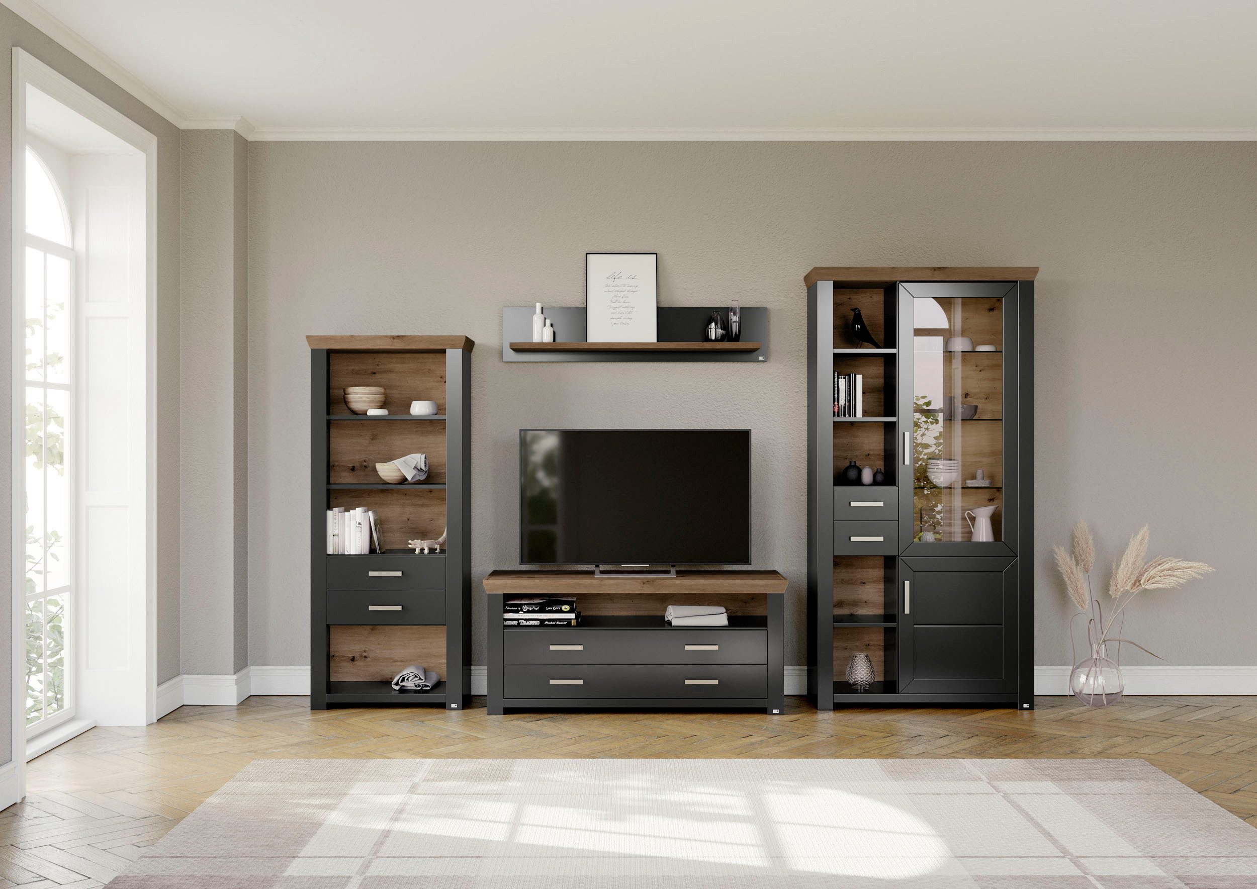 set one by Musterring Wandmeubel York Combinatie met 4 delen, in 3 kleurvarianten, totale breedte 340 cm (4-delig) tv-wandmeubels grijs