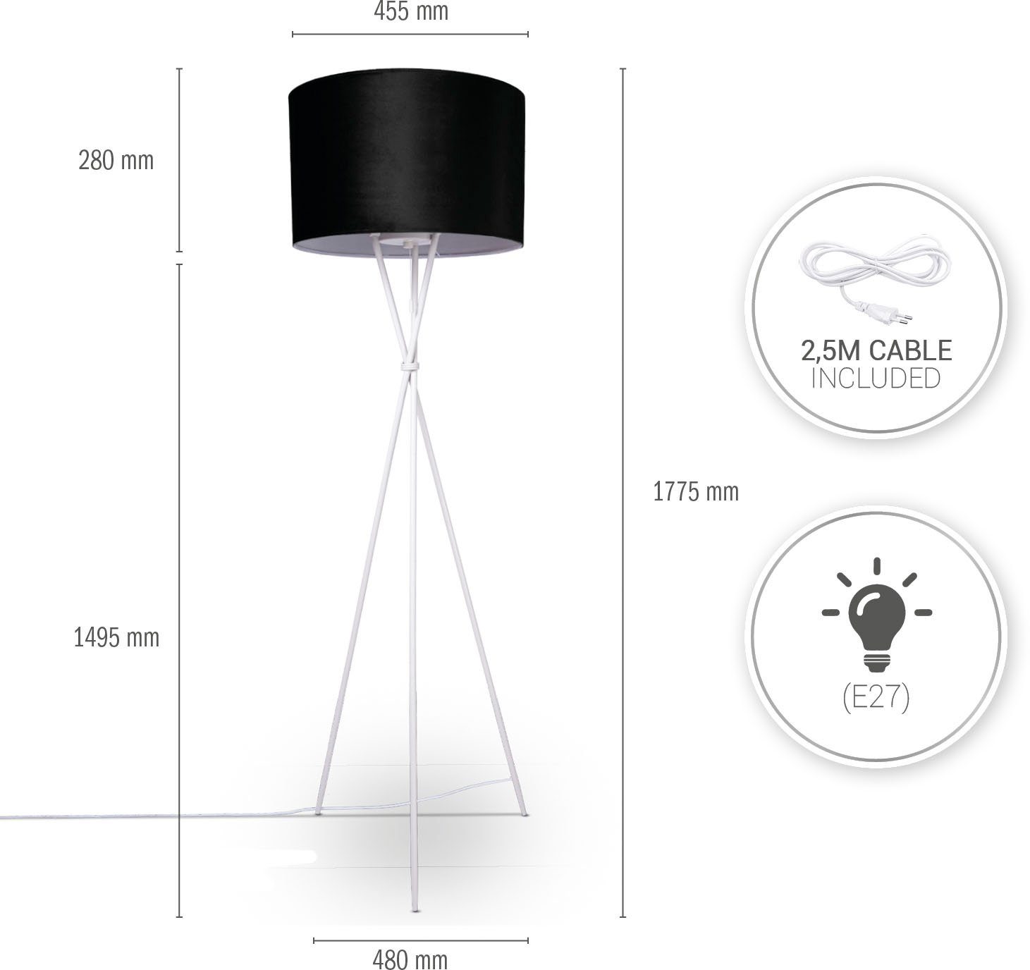 Paco Home Staande lamp Kate uni kleur Woonkamer driepoot vloerlamp velours hoogte 177,5cm filigraan E27
