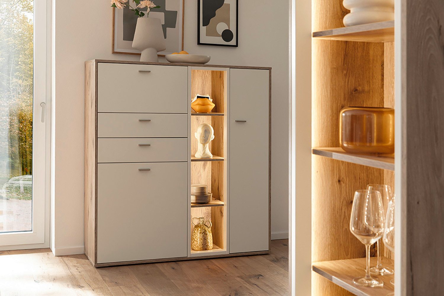 MCA furniture Highboard SANTERNO met 2 deuren, 2 lades, gedempt, 1 klep, 4 vakken, breedte 124 cm