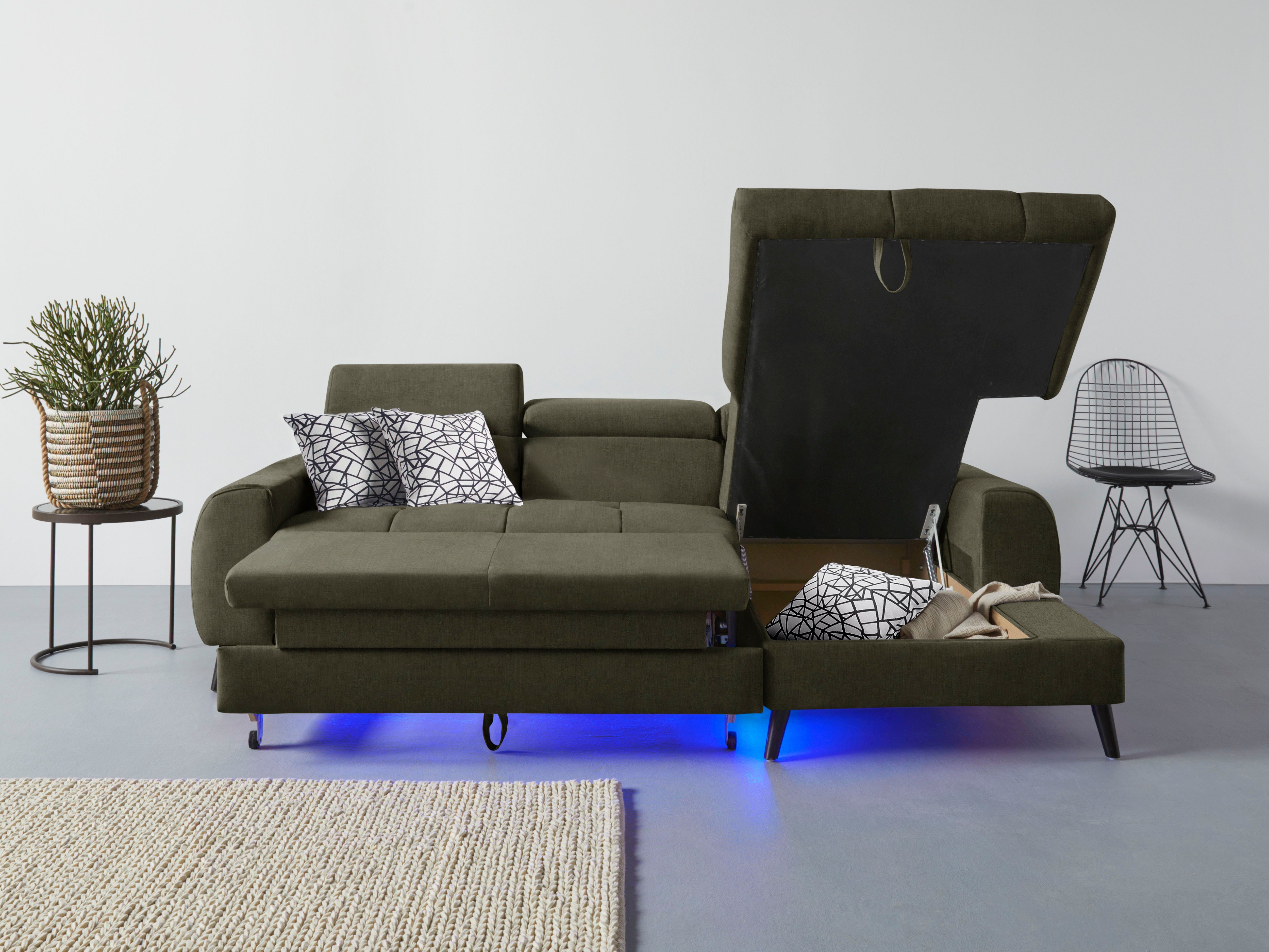 COTTA Hoekbank Mia L-Form mit 3 Zierkissen 3-delige kussenset, récamier, naar keuze met of zonder rgb-verlichting