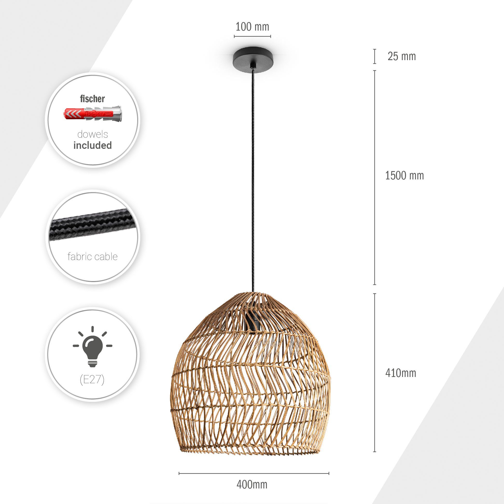 Paco Home Hanglamp ORNA Pendellamp rattan mand Boho modern eetkamerlamp natuurlijk vintage E27