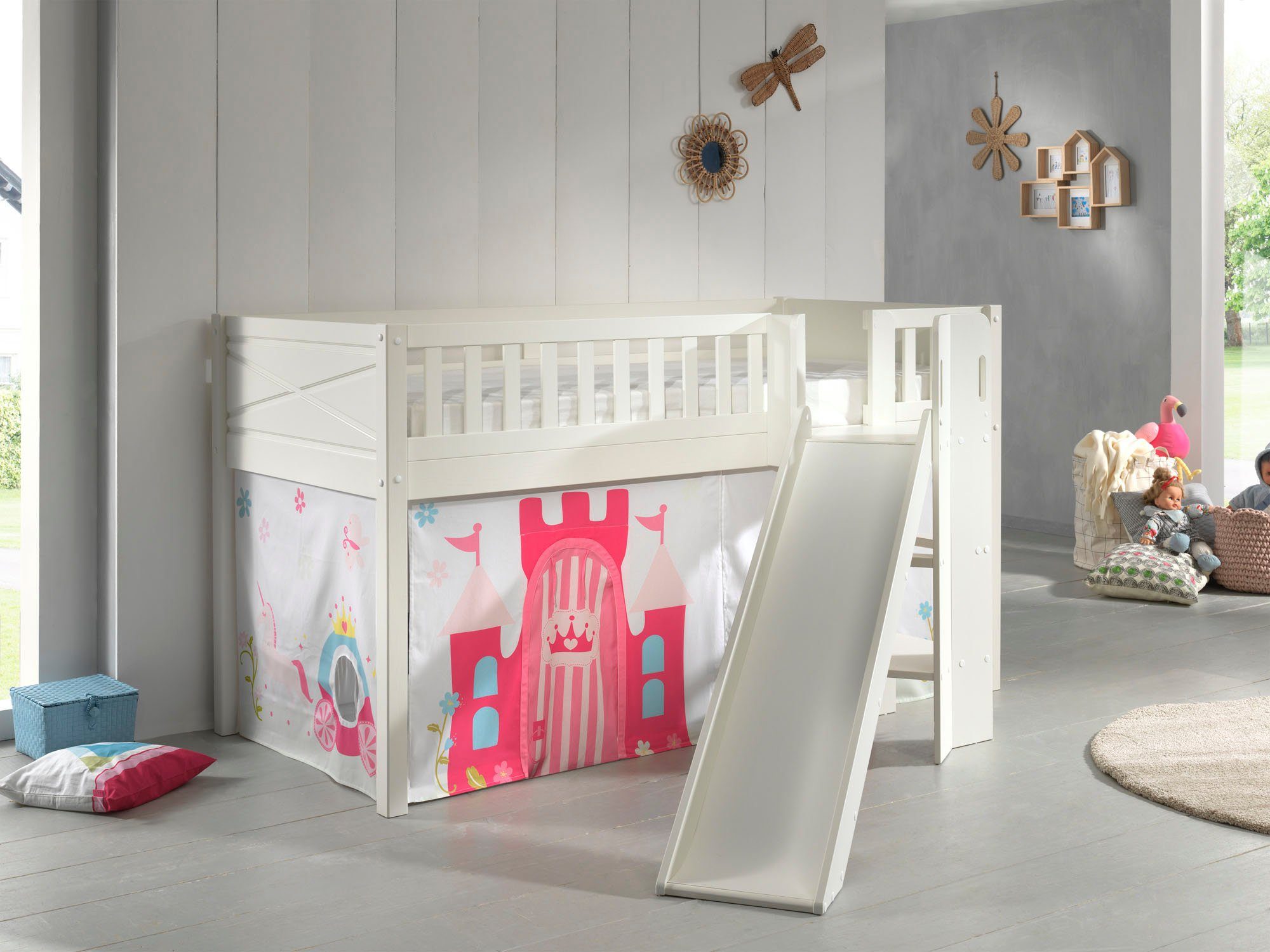 Vipack Hoogslaper Scott m. glijbaan/ladder toren, ligoppervlak 90 x 200 cm, doek, tunnel, 4 designs