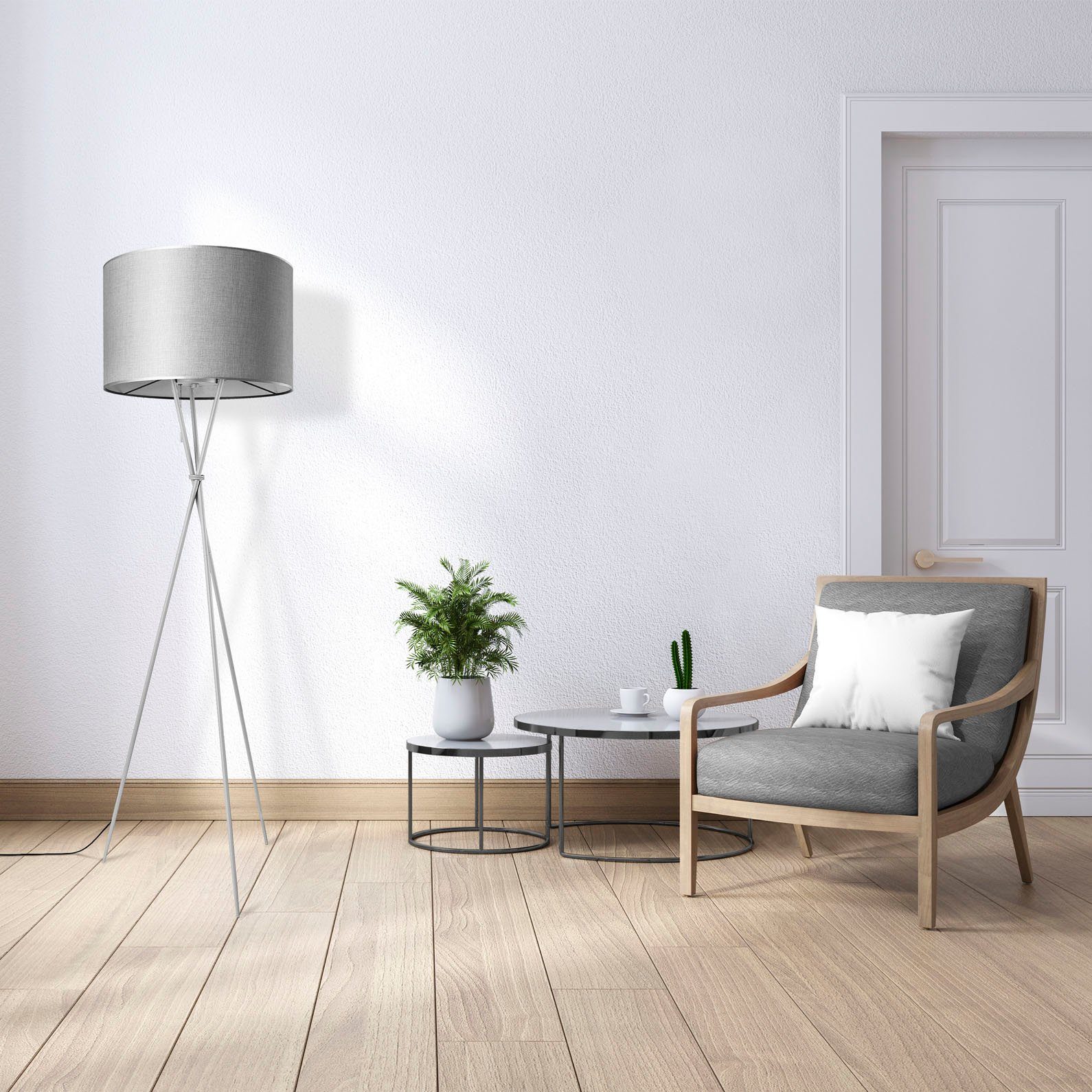 Paco Home Staande lamp KATE CANVAS UNI COLOR Woonkamer driepoot stoffen lampenkap vloerlamp textiel kap E27