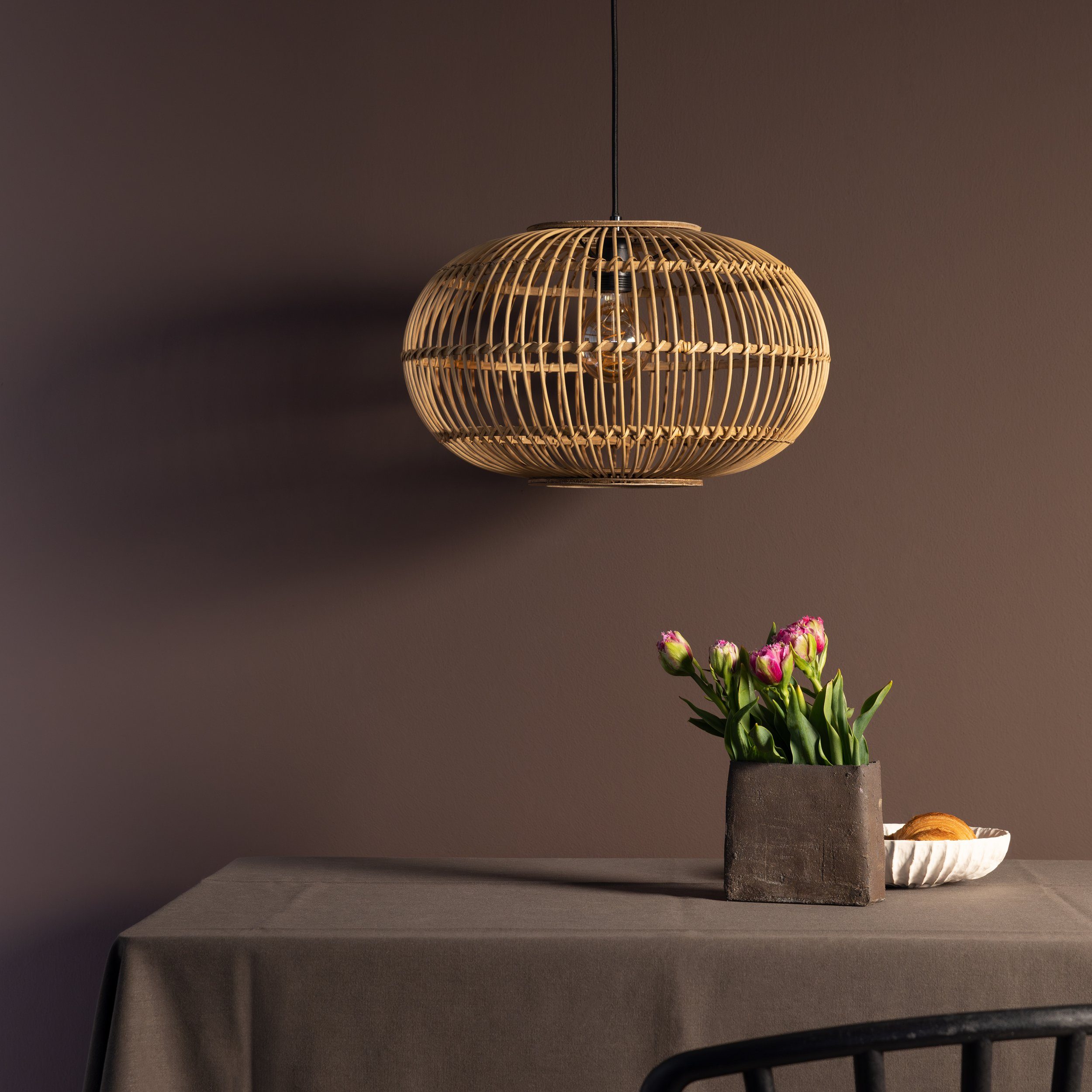 Brilliant Leuchten Hanglamp Woodball in hoogte verstelbare boho hanglamp met bamboe kap, dimbaar, d 45 cm
