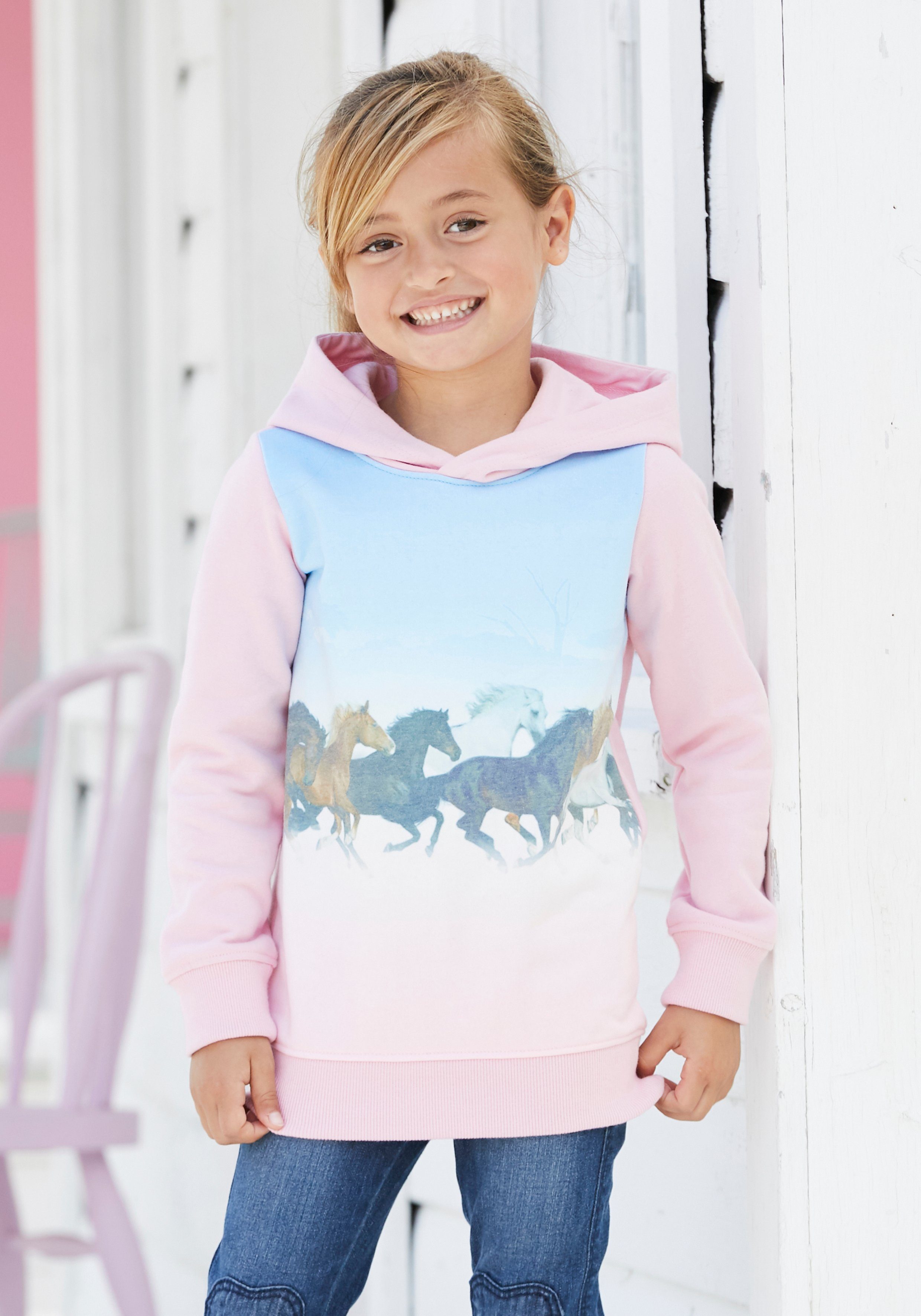 KIDSWORLD Lang sweatshirt Voor kleine meisjes Lange mouwen, bedrukt, met capuchon, van opgeruwde...