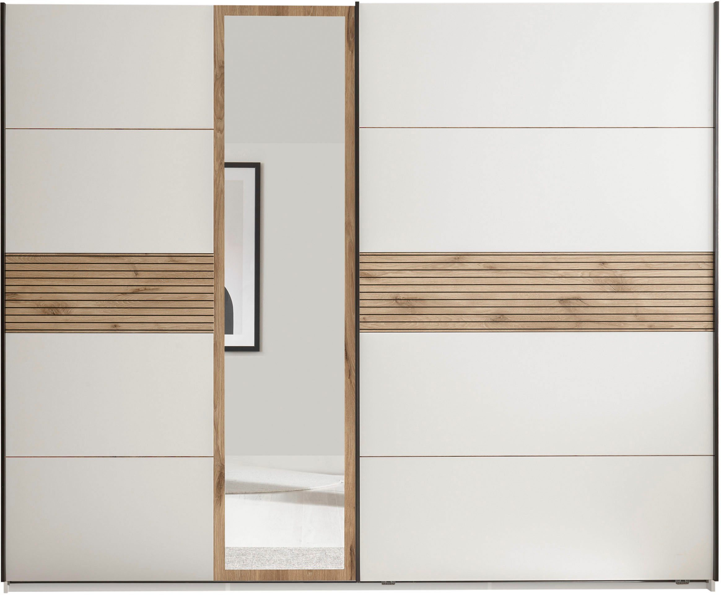 Schlafkontor Kledingkast Leo zweefdeurkast, schuifdeurkast met spiegel Accent in Viking Oak lichte ribbelstructuur en spiegel