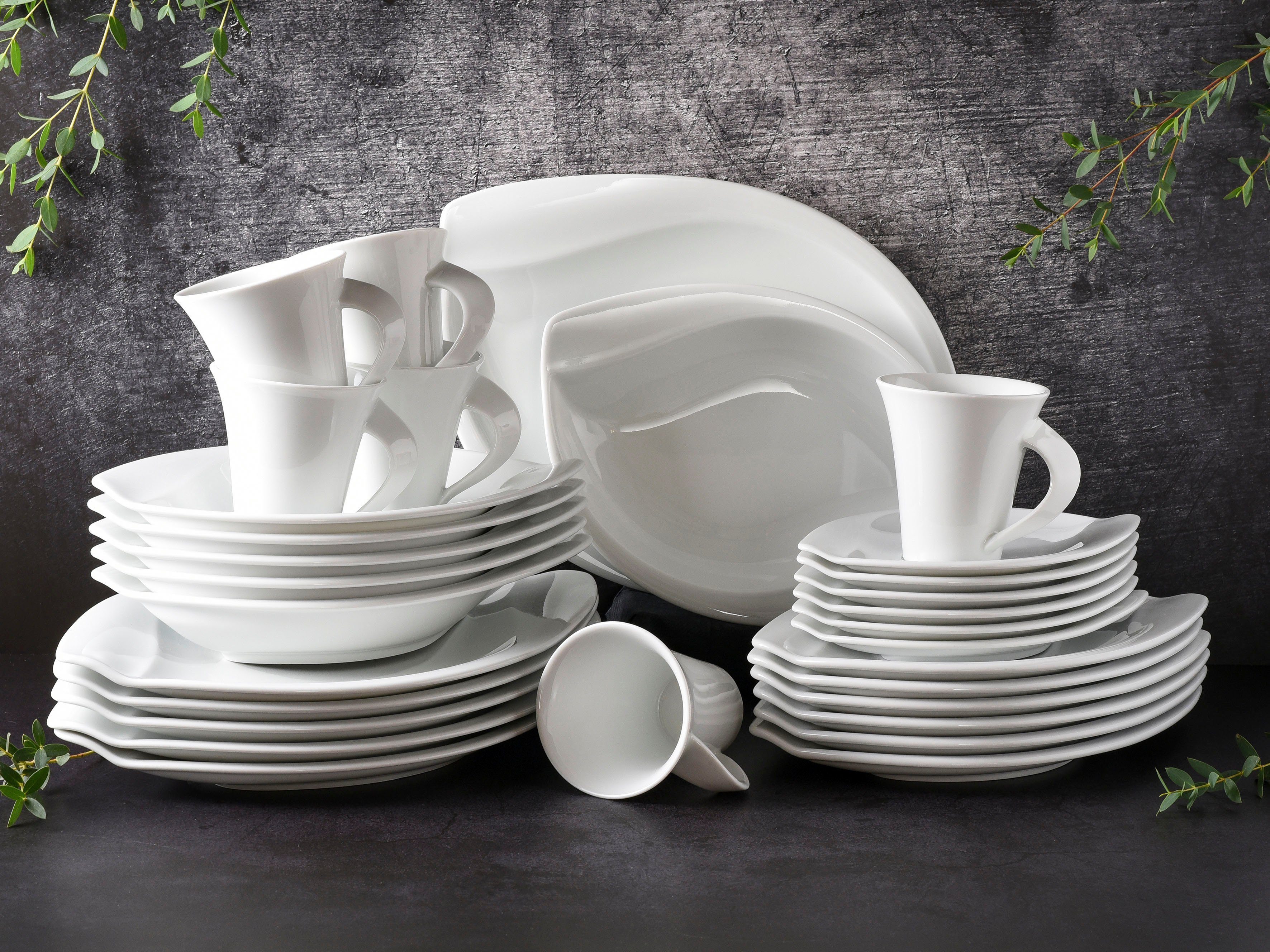 CreaTable Combi-servies Servies-set ACACIA Servies, wit, opvallend model, 30 delen, voor 6 personen (set, 30-delig)