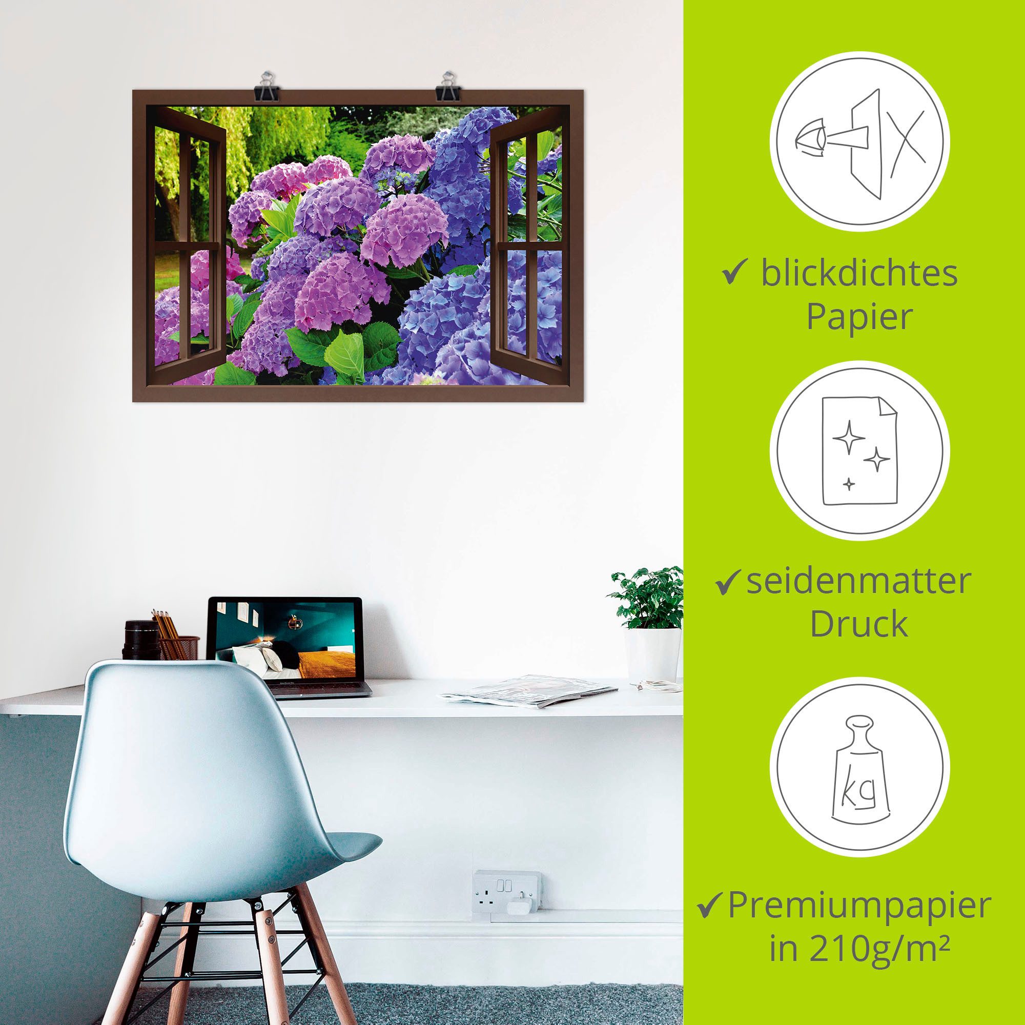 Artland Artprint Blik uit het venster - hortensia's in de tuin als artprint op linnen, poster in verschillende formaten maten