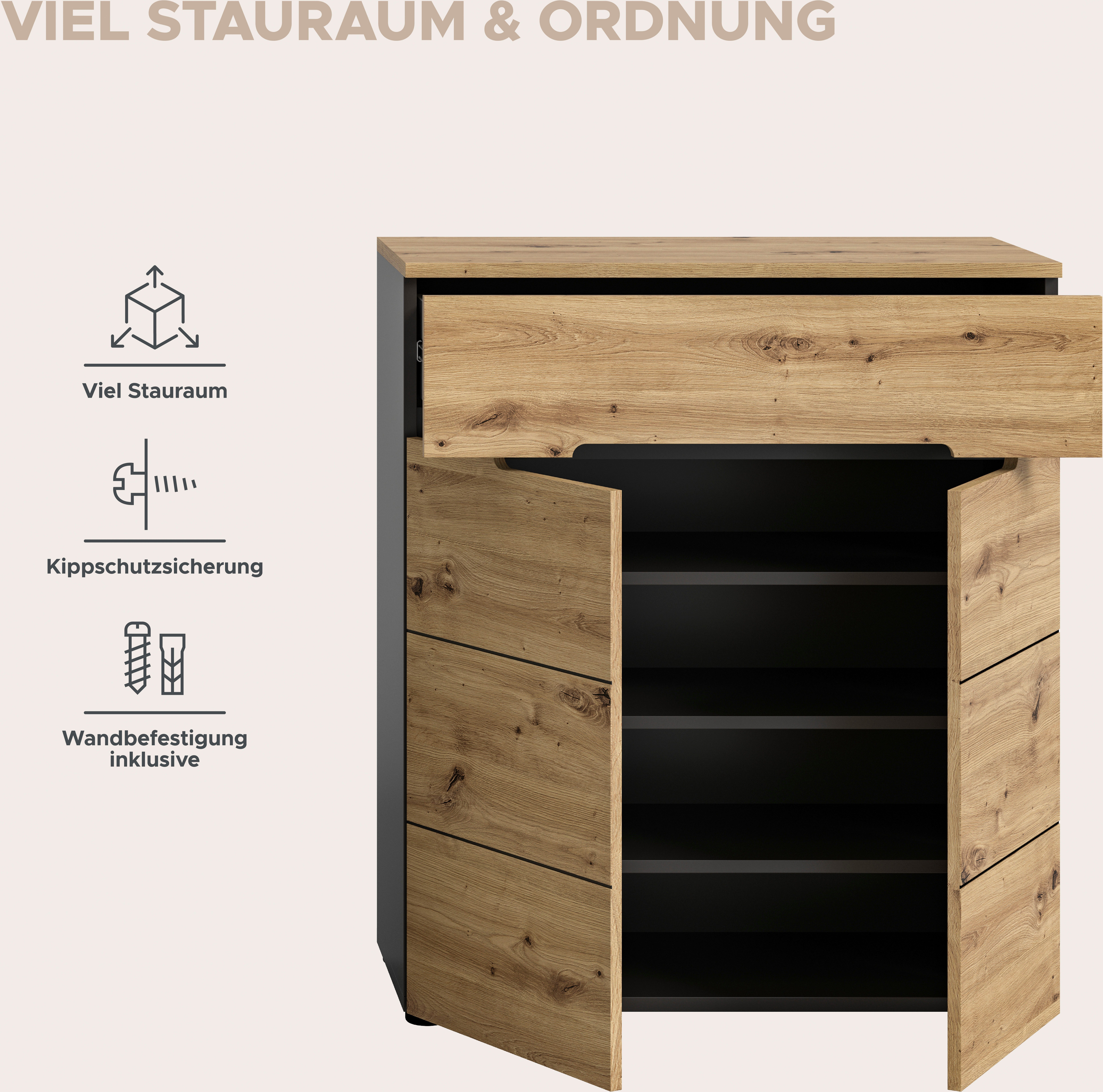 INOSIGN Halmeubelset Garderobecombinatie Rehat, breedte 175cm,in basalt grijs/Artisan eiken Halmeubelen, gangmeubelen, combinatie, hal, garderobe, garderobemeubelen (4-delig)
