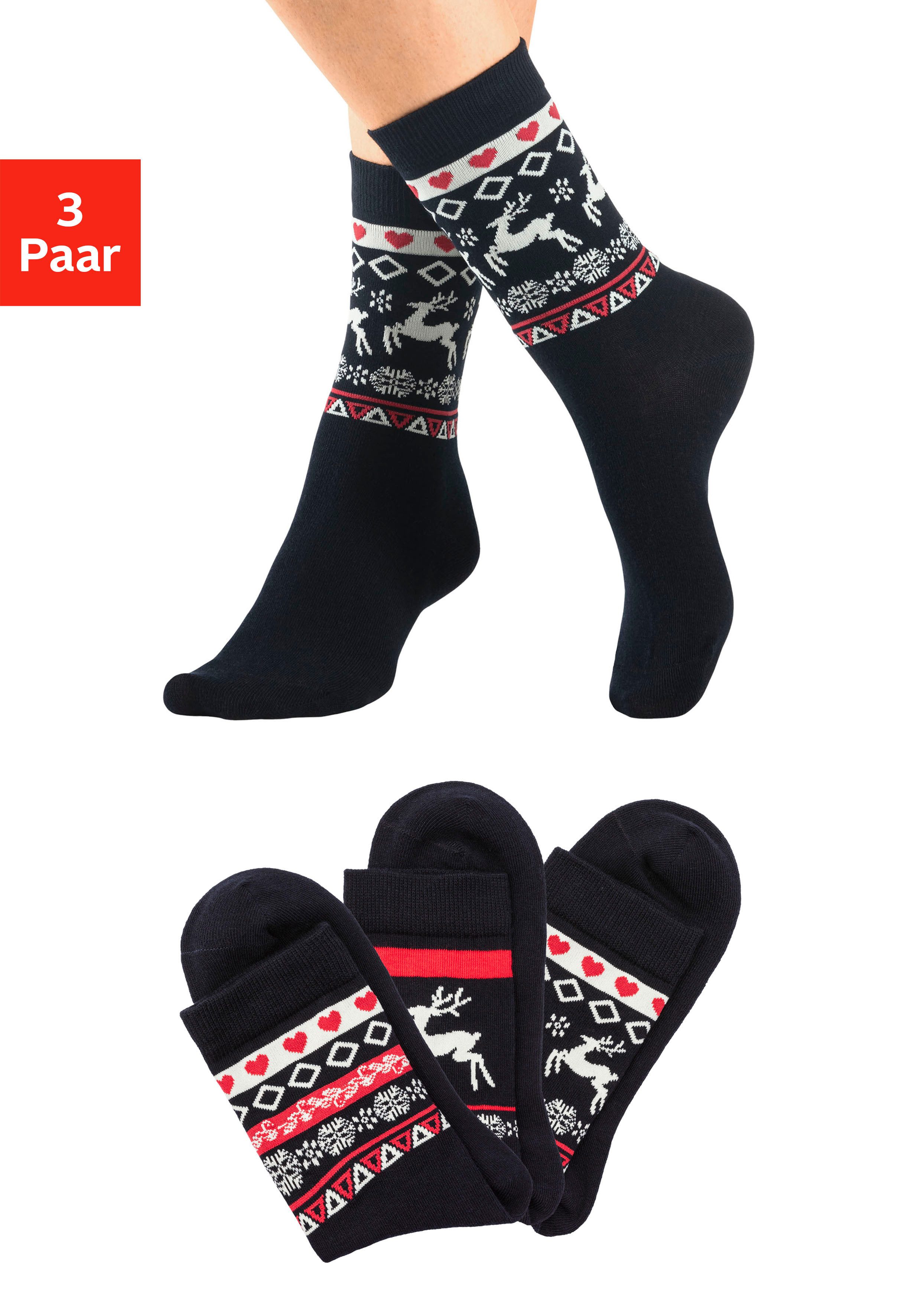 H.I.S Basic sokken met wintermotieven (set, 3 paar)