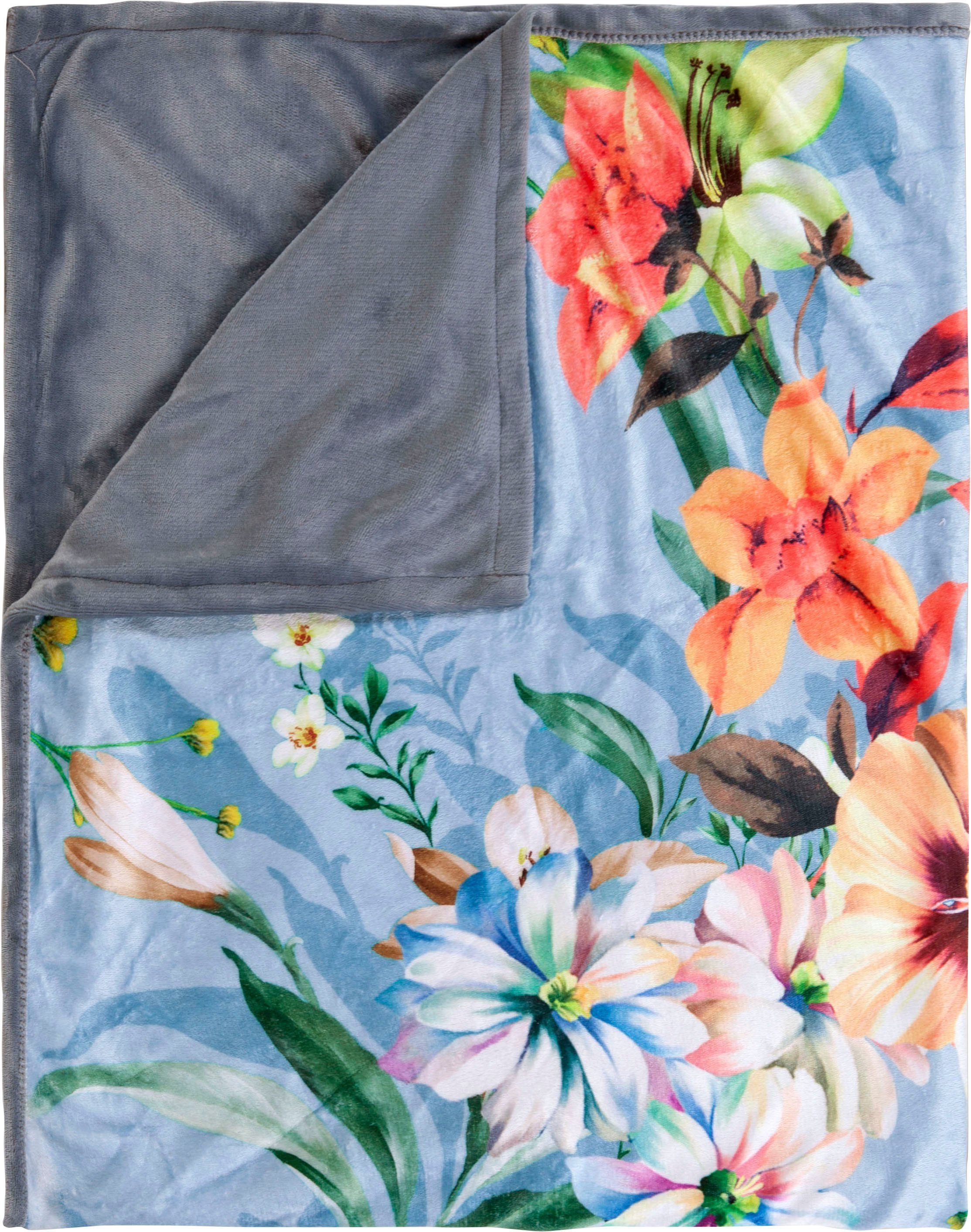 Descanso Plaid NOVARA Zeer zacht, knuffeldeken, 130x160 cm, omkeerbaar, bloemen, grijs