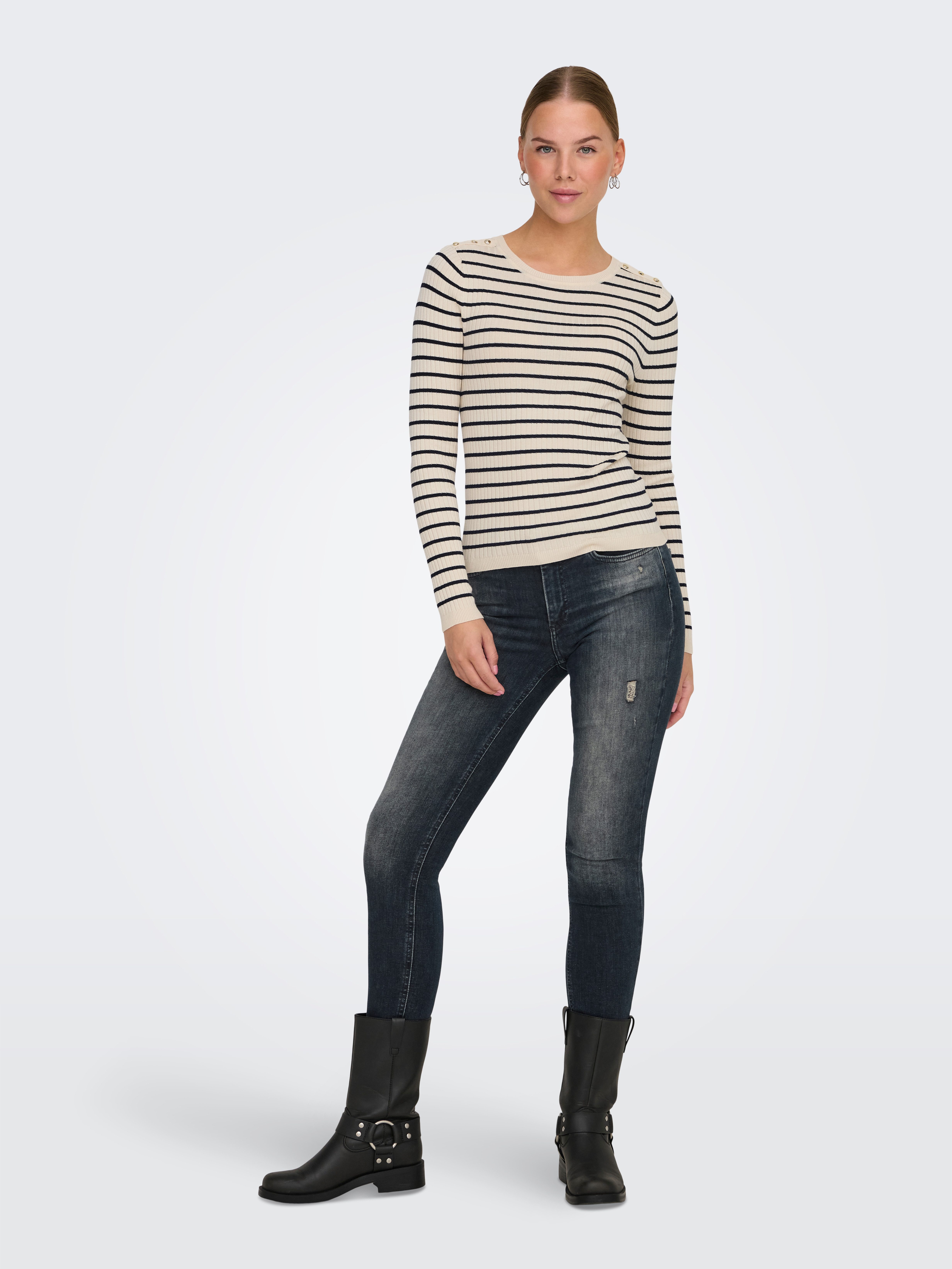 Only Gebreide trui ONLMILA LS STRIPE BUTTON O-NECK CC KNT