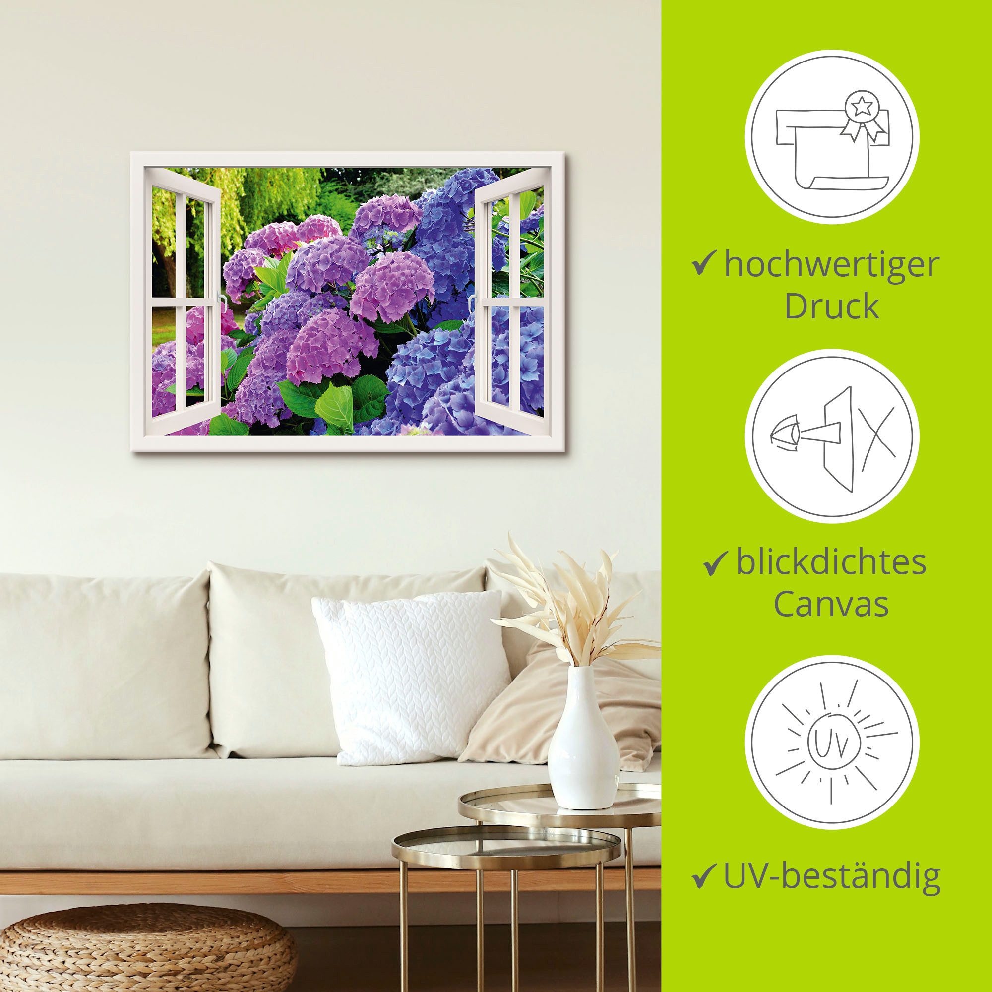 Artland Artprint Blik uit het venster hortensia's in de tuin als artprint op linnen, poster in verschillende formaten maten