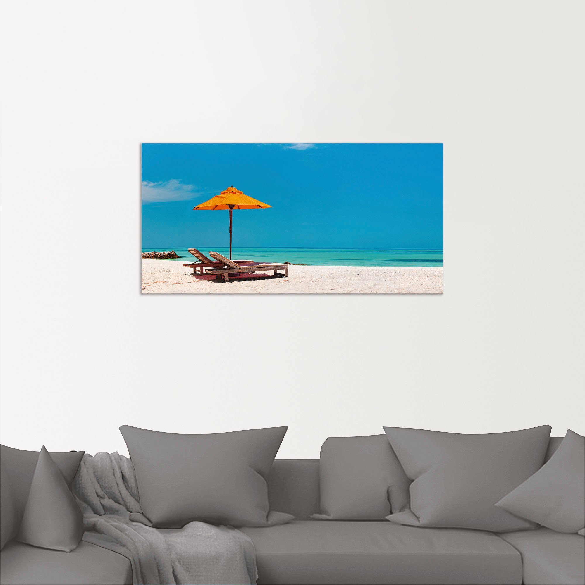 Artland Artprint Ligstoel parasol strand Malediven als artprint van aluminium, artprint voor buiten, artprint op linnen, poster, muursticker