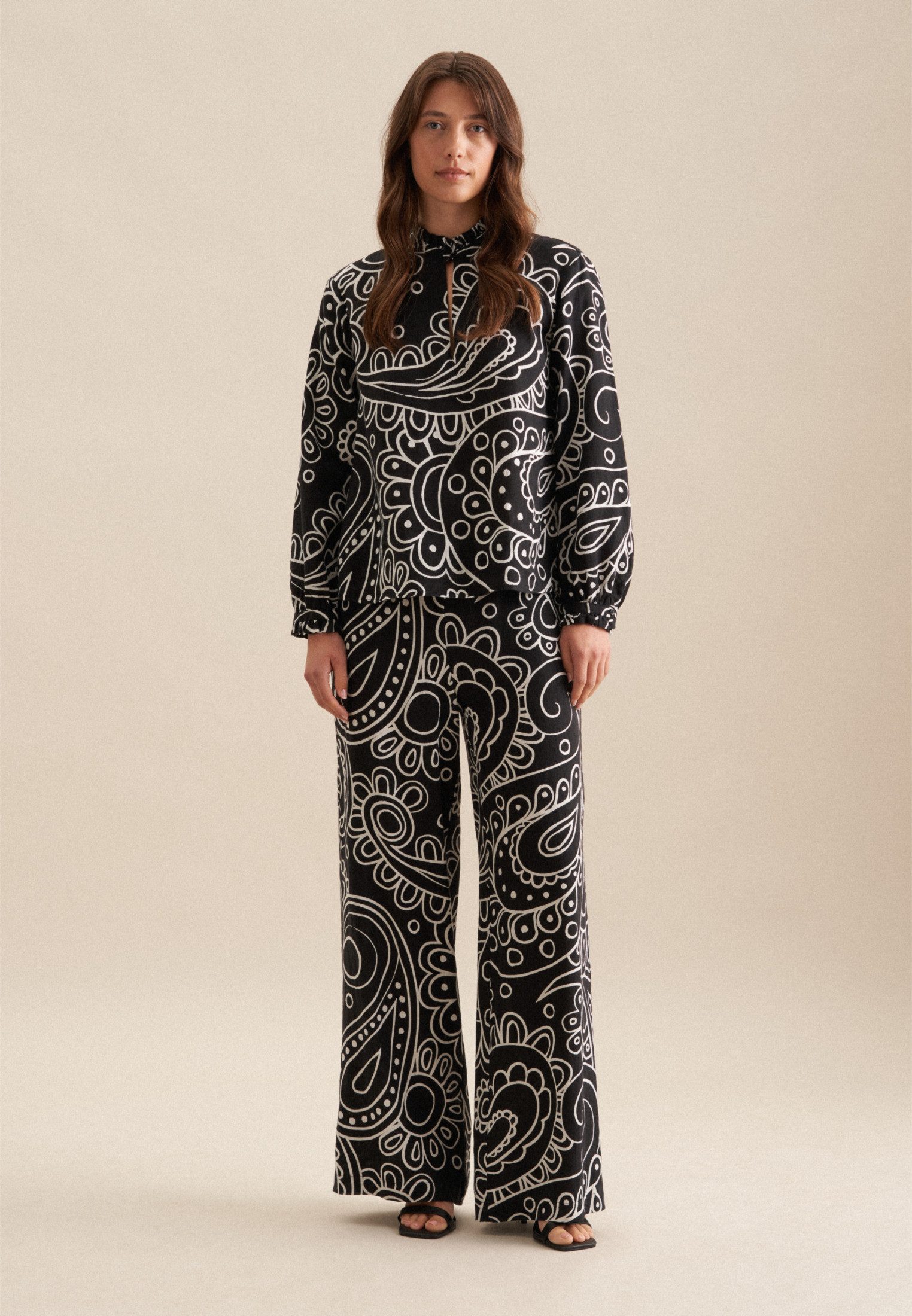 seidensticker Klassieke blouse Zwarte roos Lange mouwen ronde hals paisley
