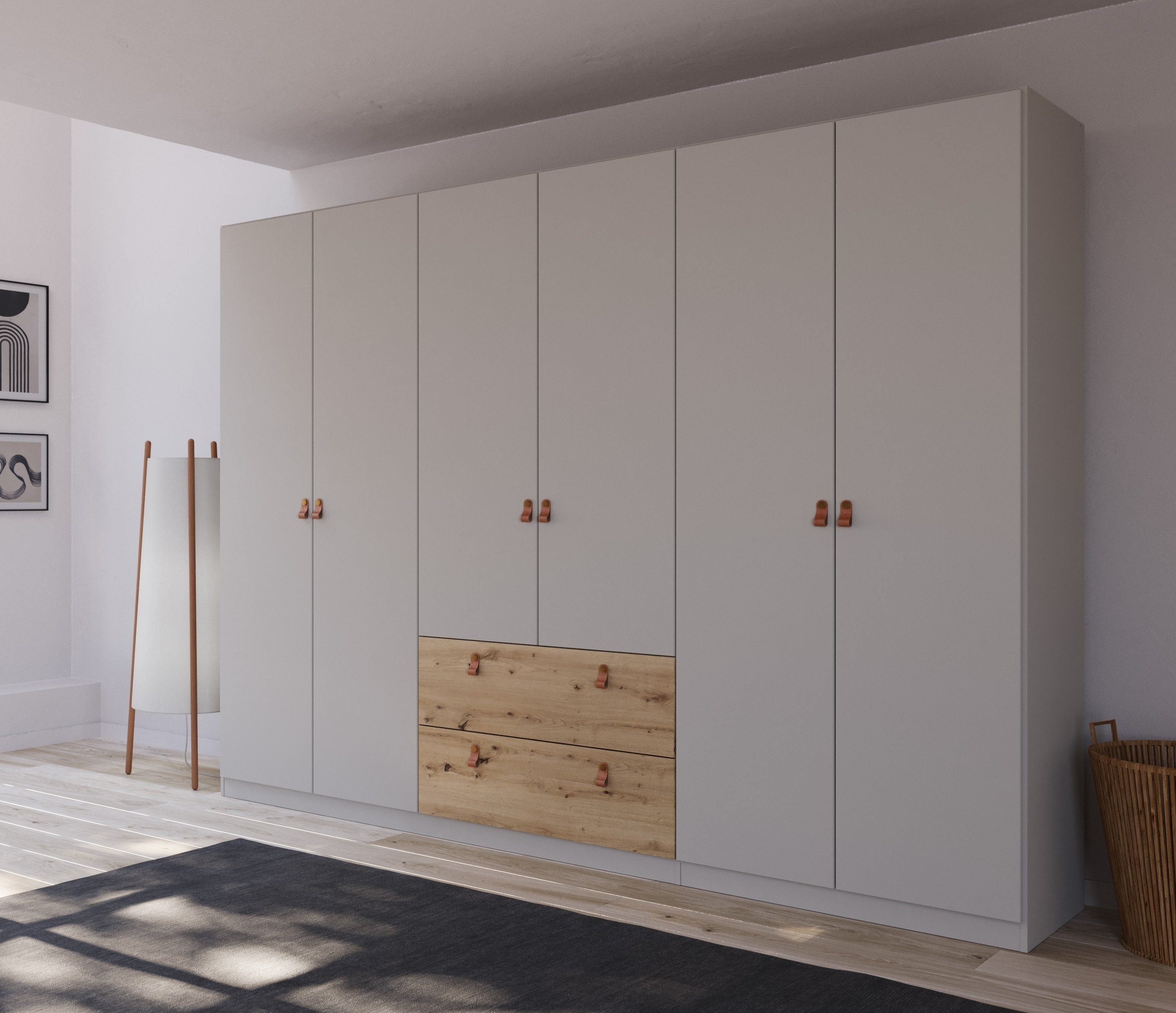 rauch Draaideurkast Homey by Quadra Spin met cognacbruine leren greeplussen, laden in eiken-decor