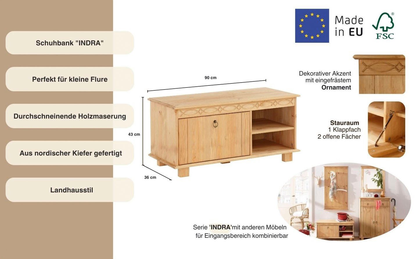 Home affaire Schoenenbank Indra van massief dennenhout, fsc®, breedte 90 cm, discreet ornament