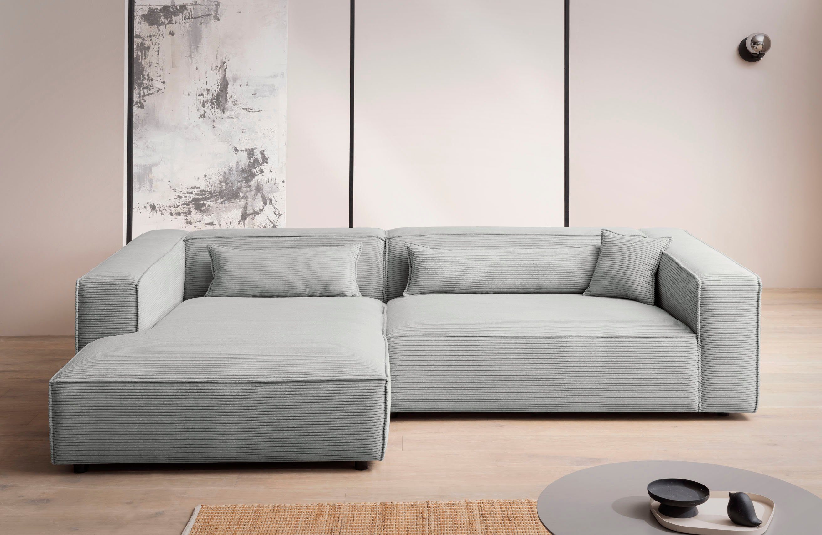 LeGer Home by Lena Gercke Hoekbank PIARA XXL, Big-sofa in cord of linnenlook, L-vorm, met biesnaad grijs, hoekbanken, Ottomane links