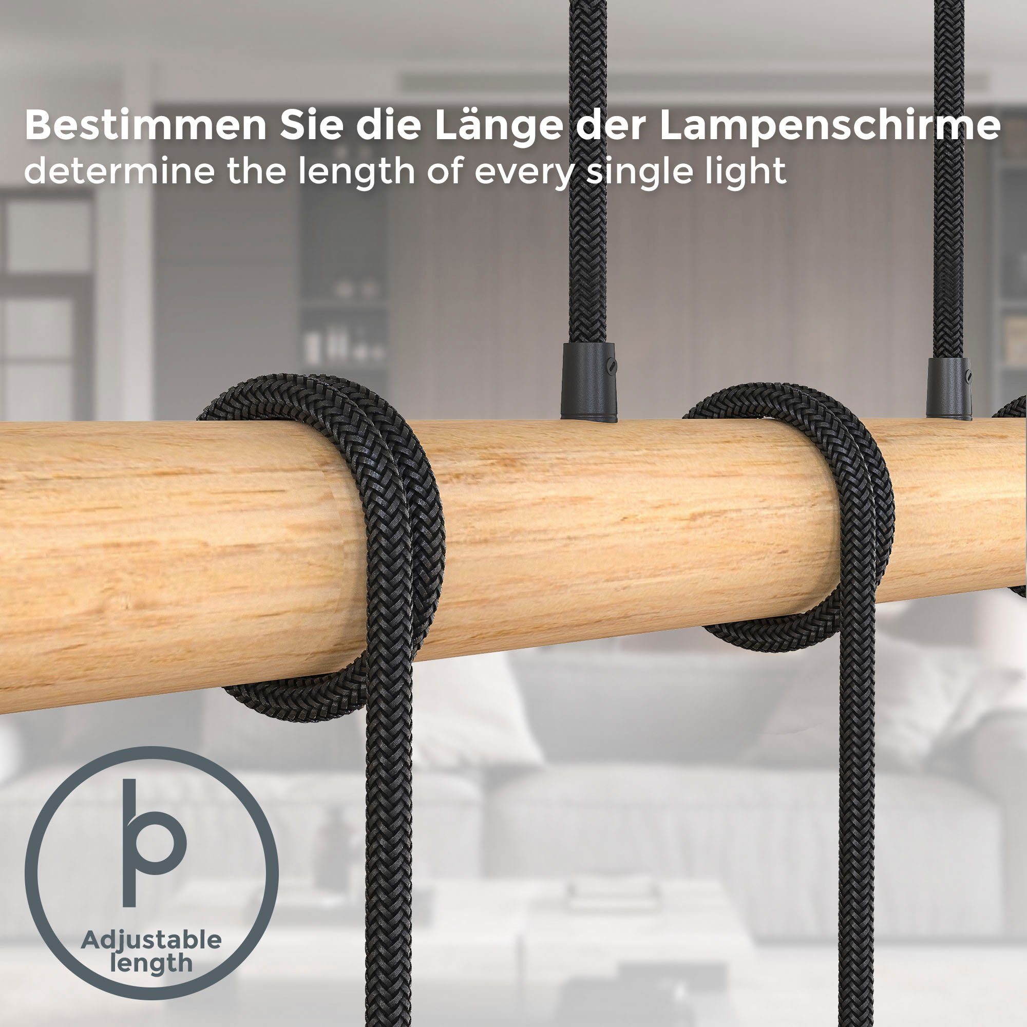 B.K.Licht Hanglamp BK_PL1339 Houten eettafel hanglamp, mat zwart 5-vlamig, e27-fitting, zonder lichtbron (max. 60w), l: 90 cm (1 stuk)