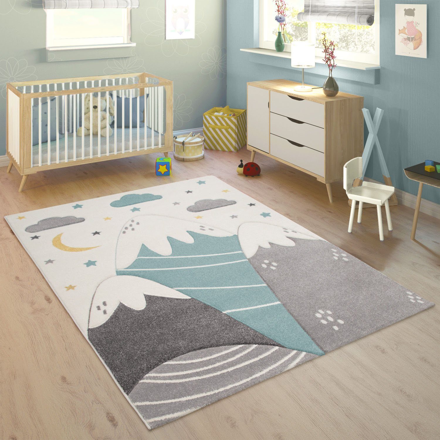 Paco Home Kindervloerkleed Cosmo 707 3d-design, schattig motief bergen & sterren, pastelkleuren