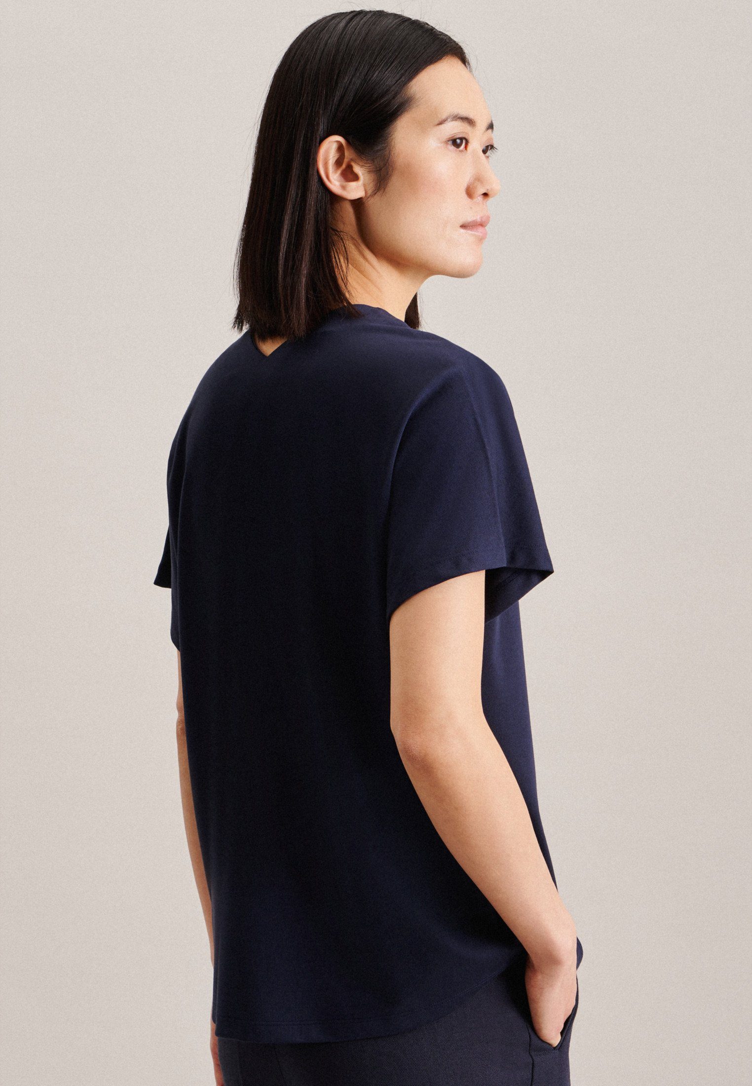 seidensticker Shirtblouse Zwarte roos Korte mouwen V-hals uni