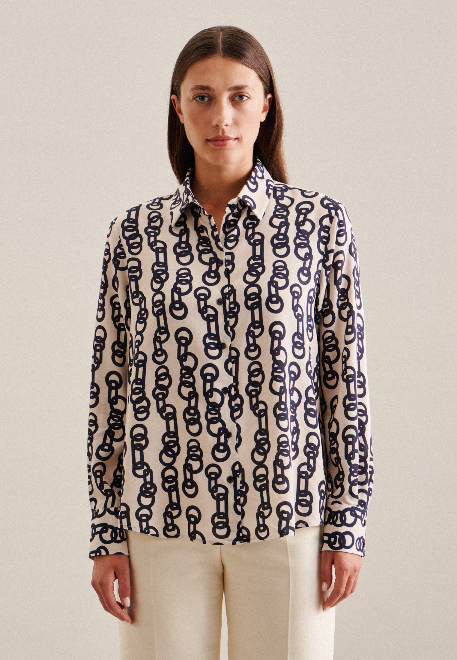 seidensticker Overhemdblouse Zwarte roos Lange mouwen kraag kettingenprint dames lange blouses maat M (38) beige