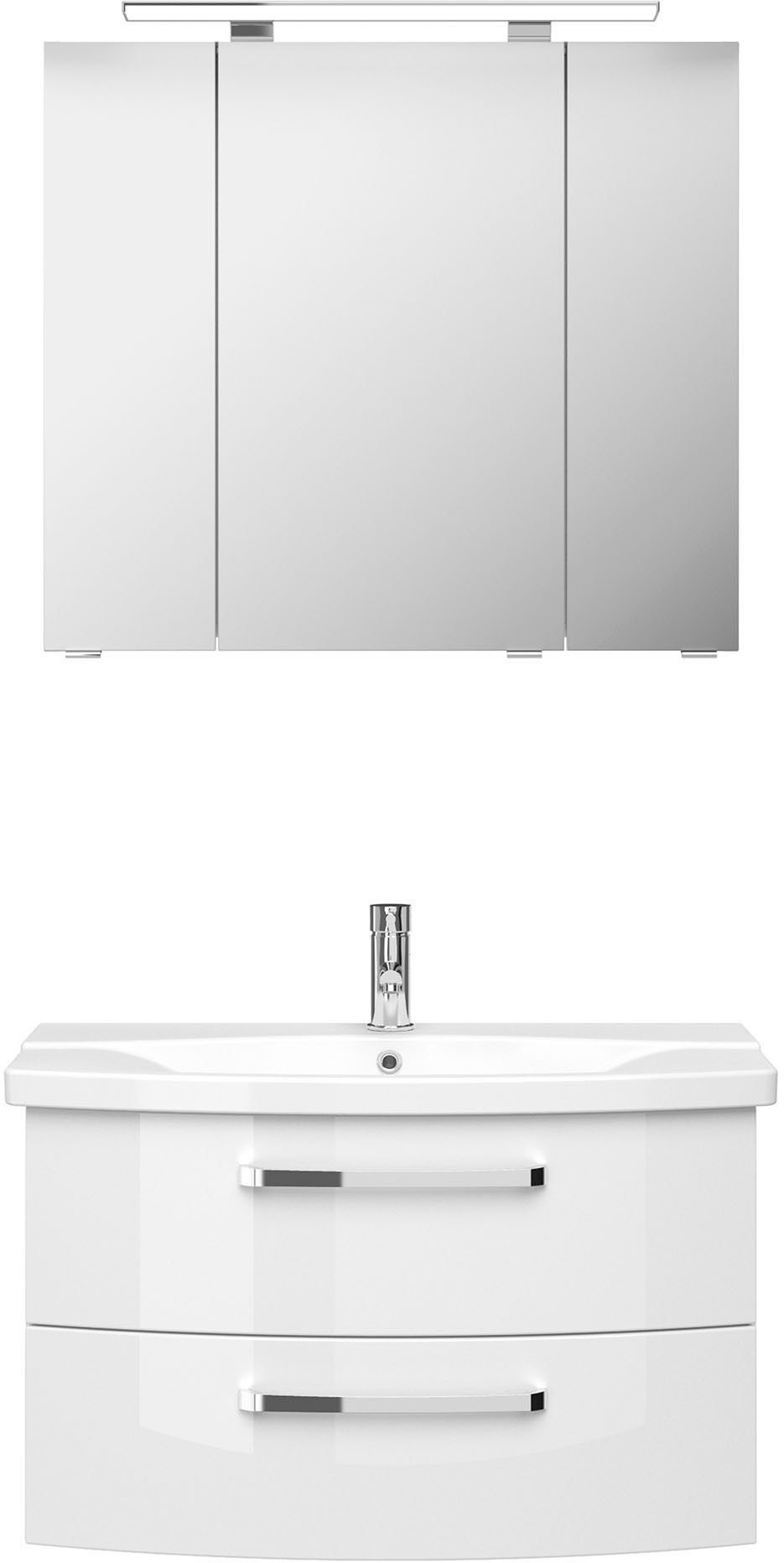 Saphir Badmeubelset Serie 4010 2-delig keramische wastafel met LED-spiegelkast Badkamer set 84 cm breed, incl. deurdemper, 3 deuren, 2 lades (set)